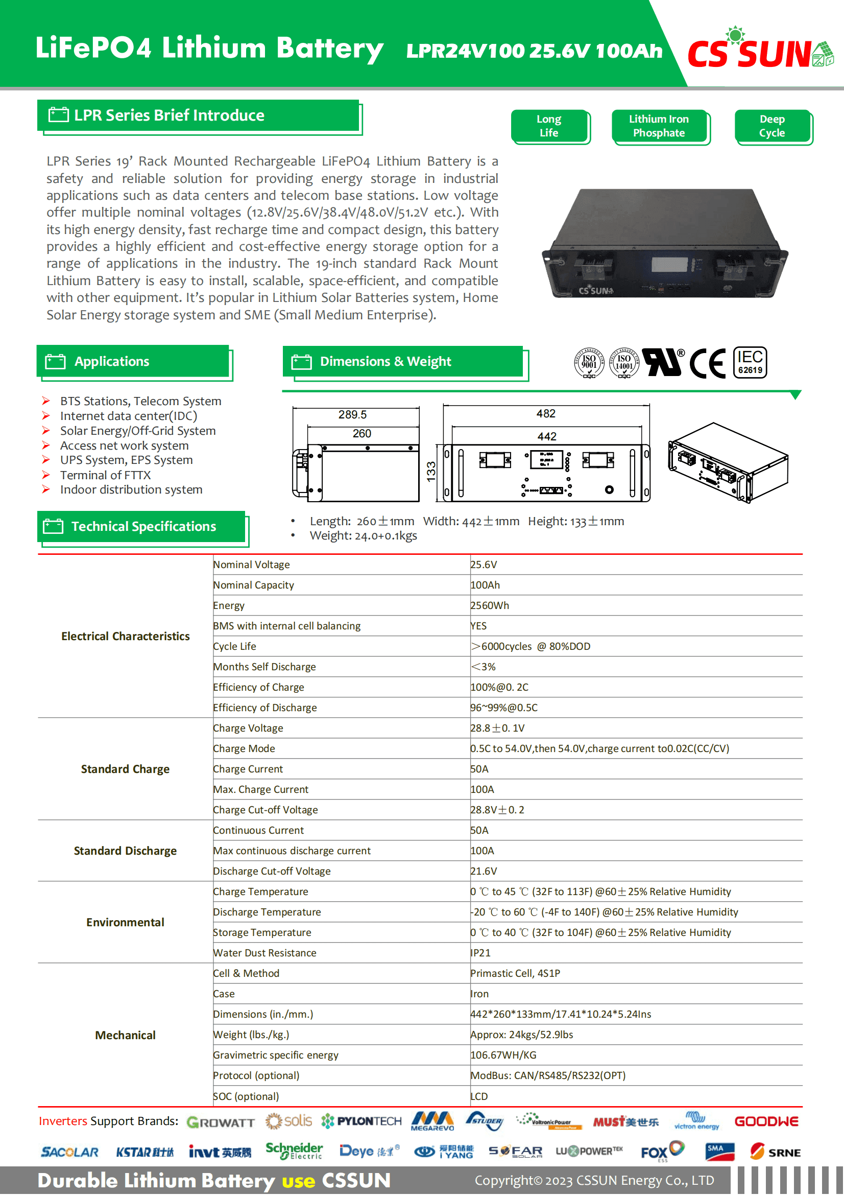 CSSUN LPR24V100 25.6V100Ah LiFePO4 Battery for 19' Rack