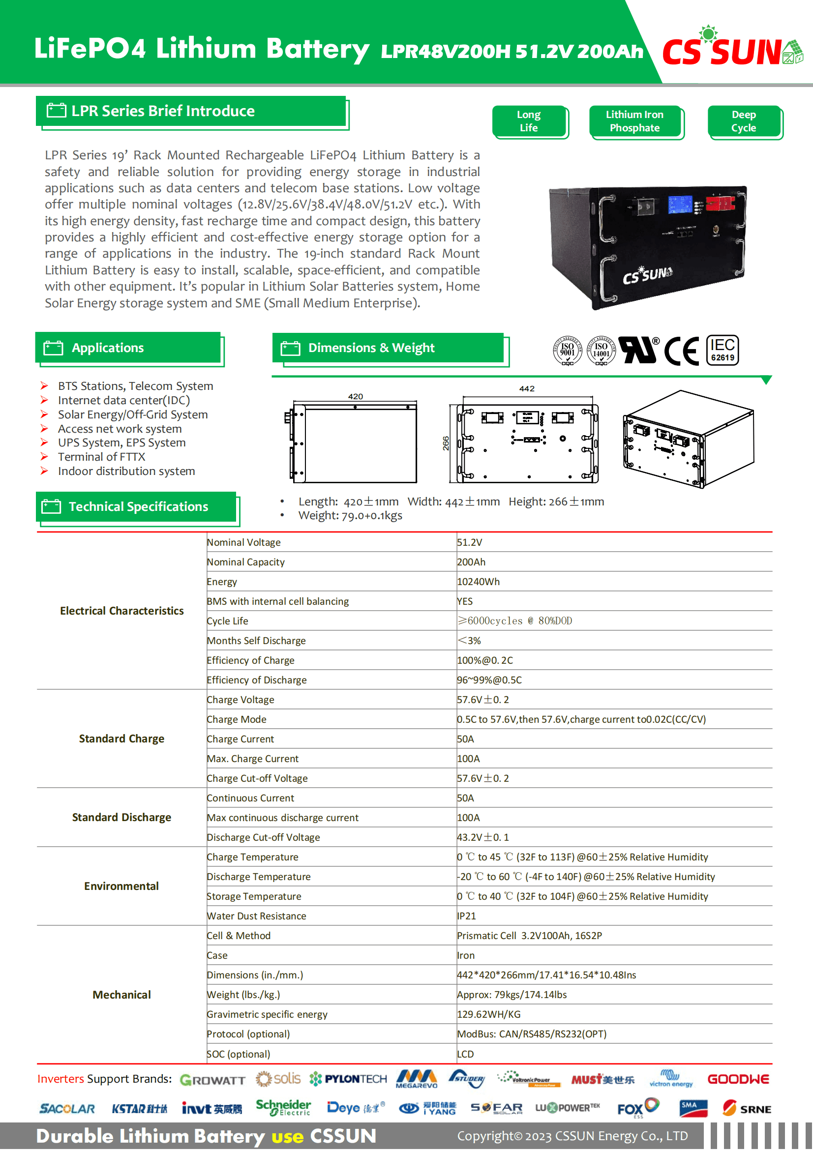 CSSUN LPR48V200H 51.2V200Ah LiFePO4 Battery for 19' Rack