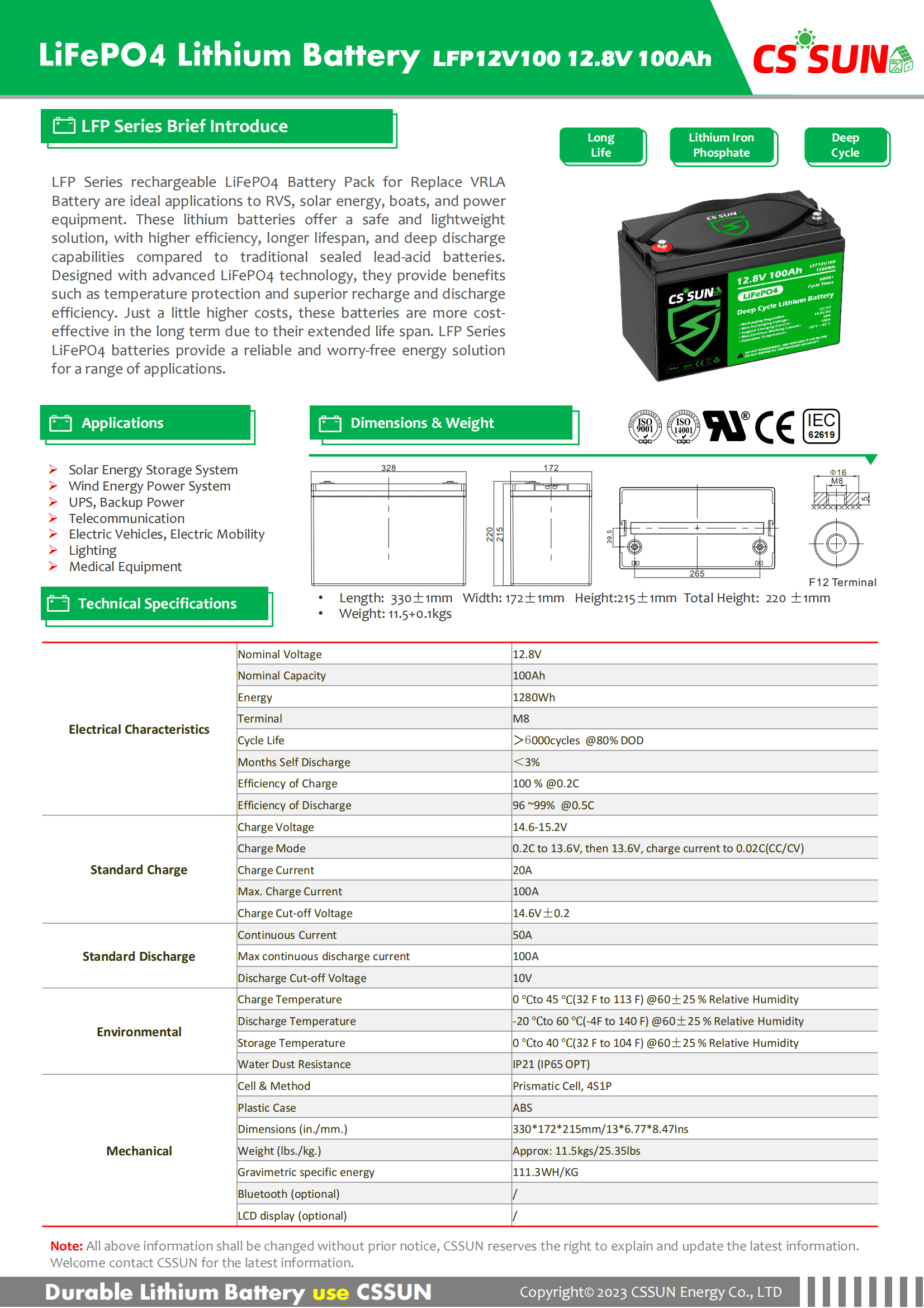 CSSUN LFP12V100 12.8V100Ah LiFePo4 Pack For Replace VRLA Battery
