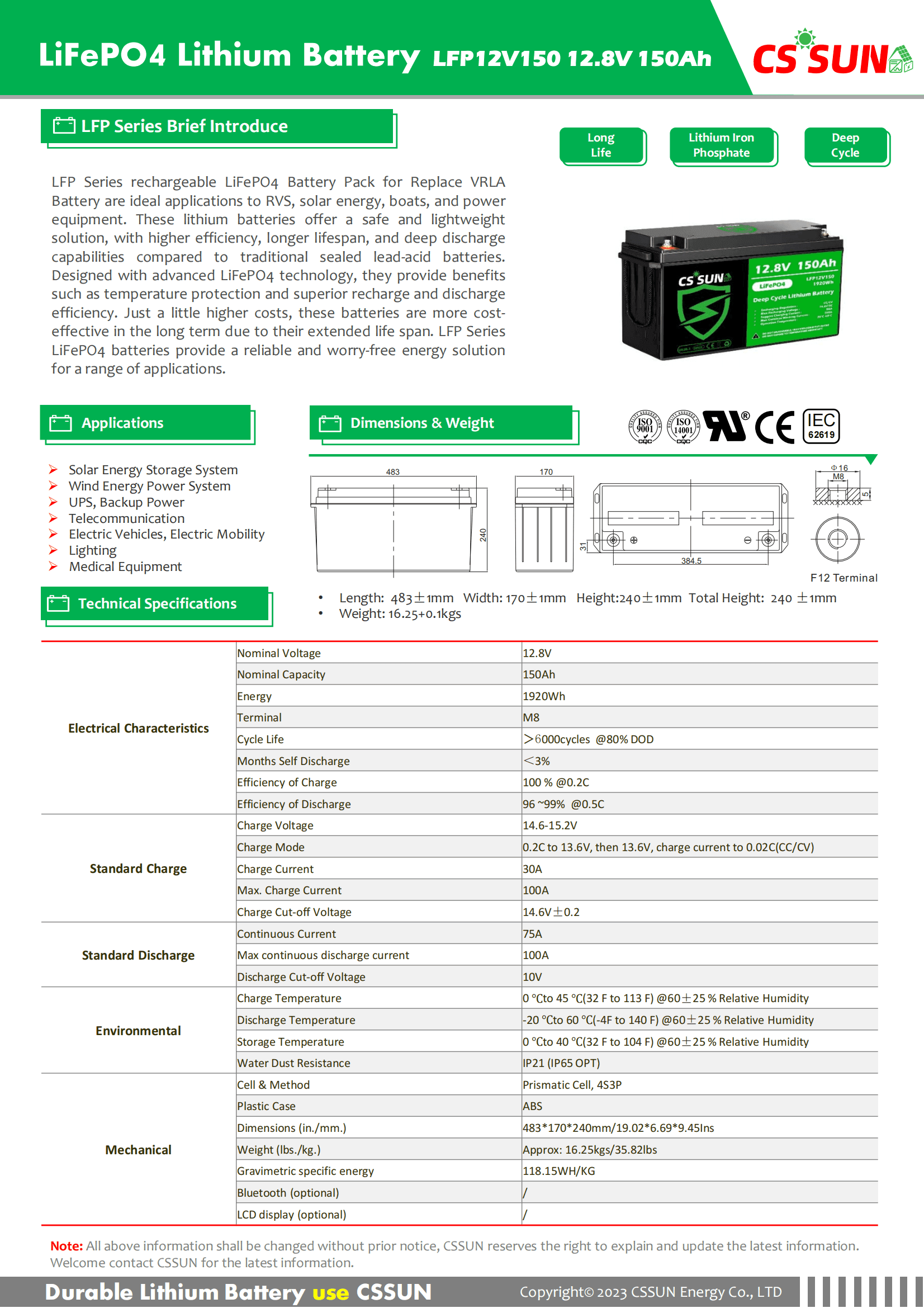 CSSUN LFP12V150 12.8V150Ah LiFePo4 Pack For Replace VRLA Battery