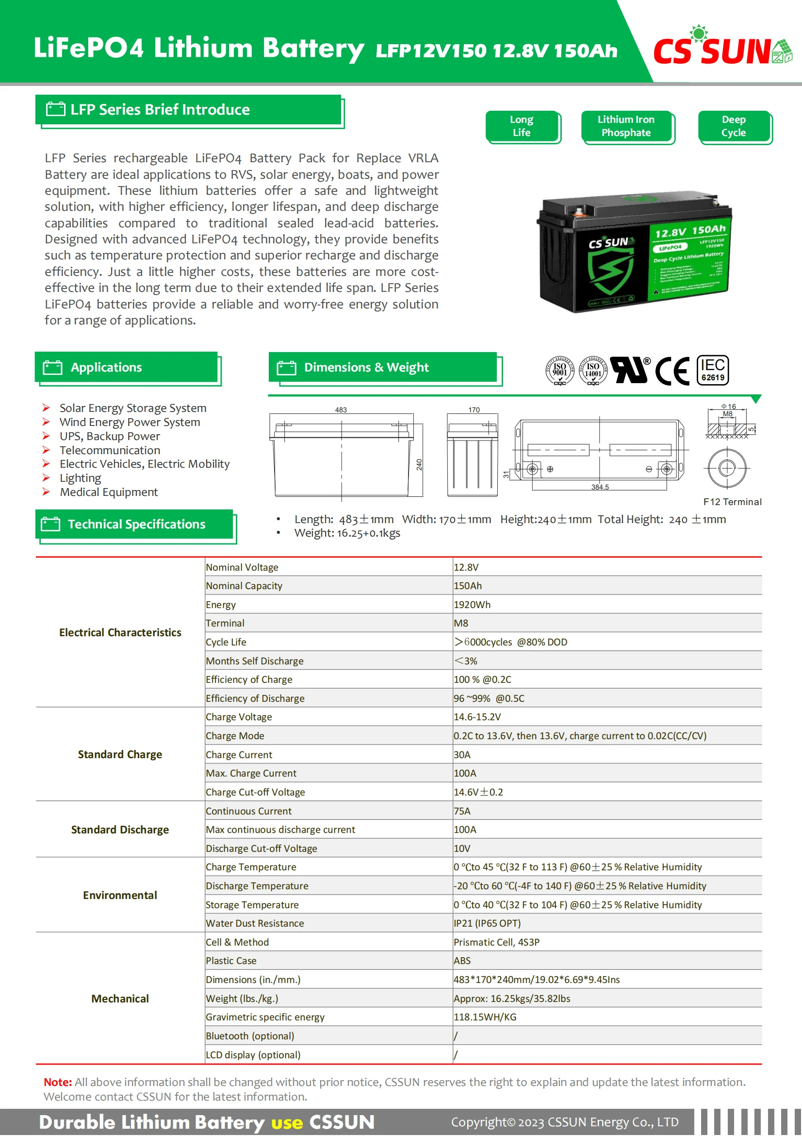 Long Life 12.8V 150Ah Deep Cycle LiFePO4 Lithium Battery
