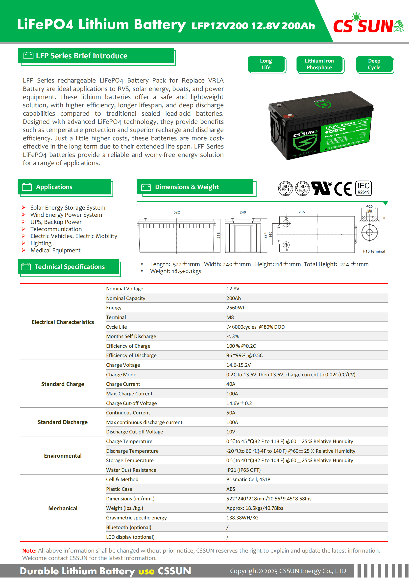 CSSUN LFP12V200 12.8V200Ah LiFePo4 Pack For Replace VRLA Battery