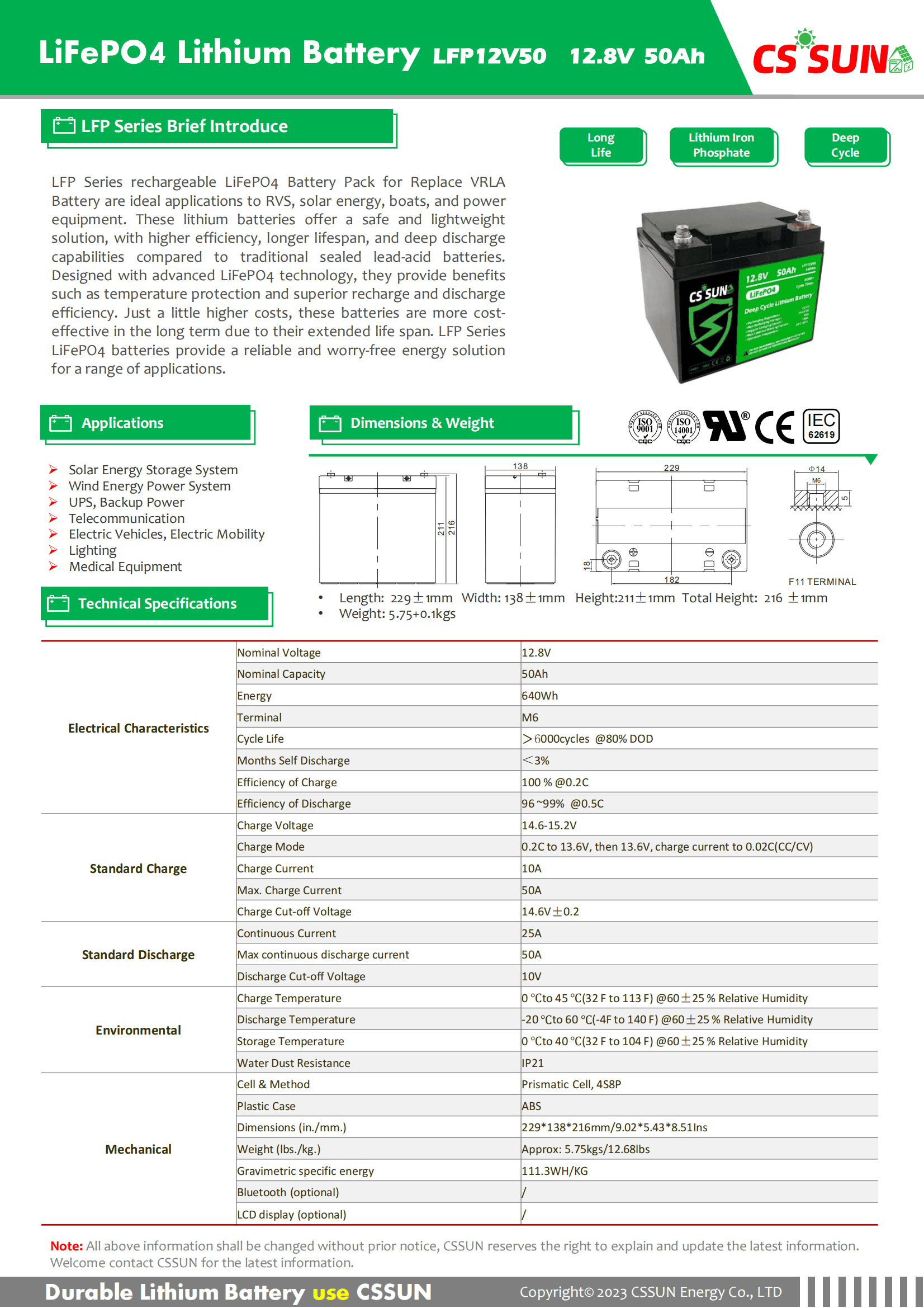 CSSUN LFP12V50 12.8V50Ah LiFePo4 Pack For Replace VRLA Battery