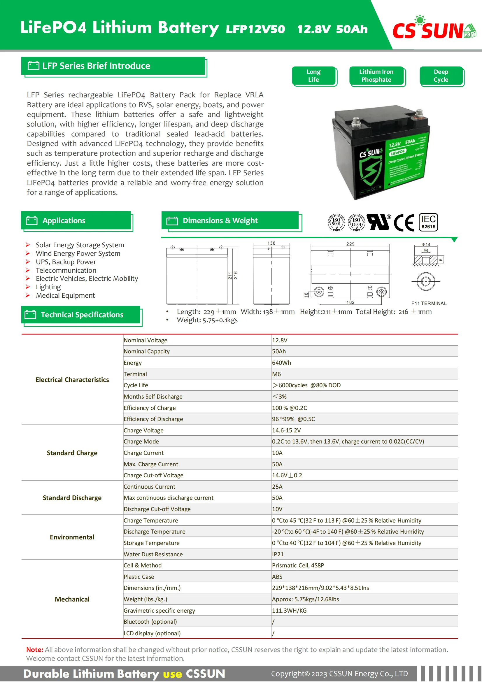 CSSUN LFP12V50 12.8V50Ah LiFePo4 Pack For Replace VRLA Battery