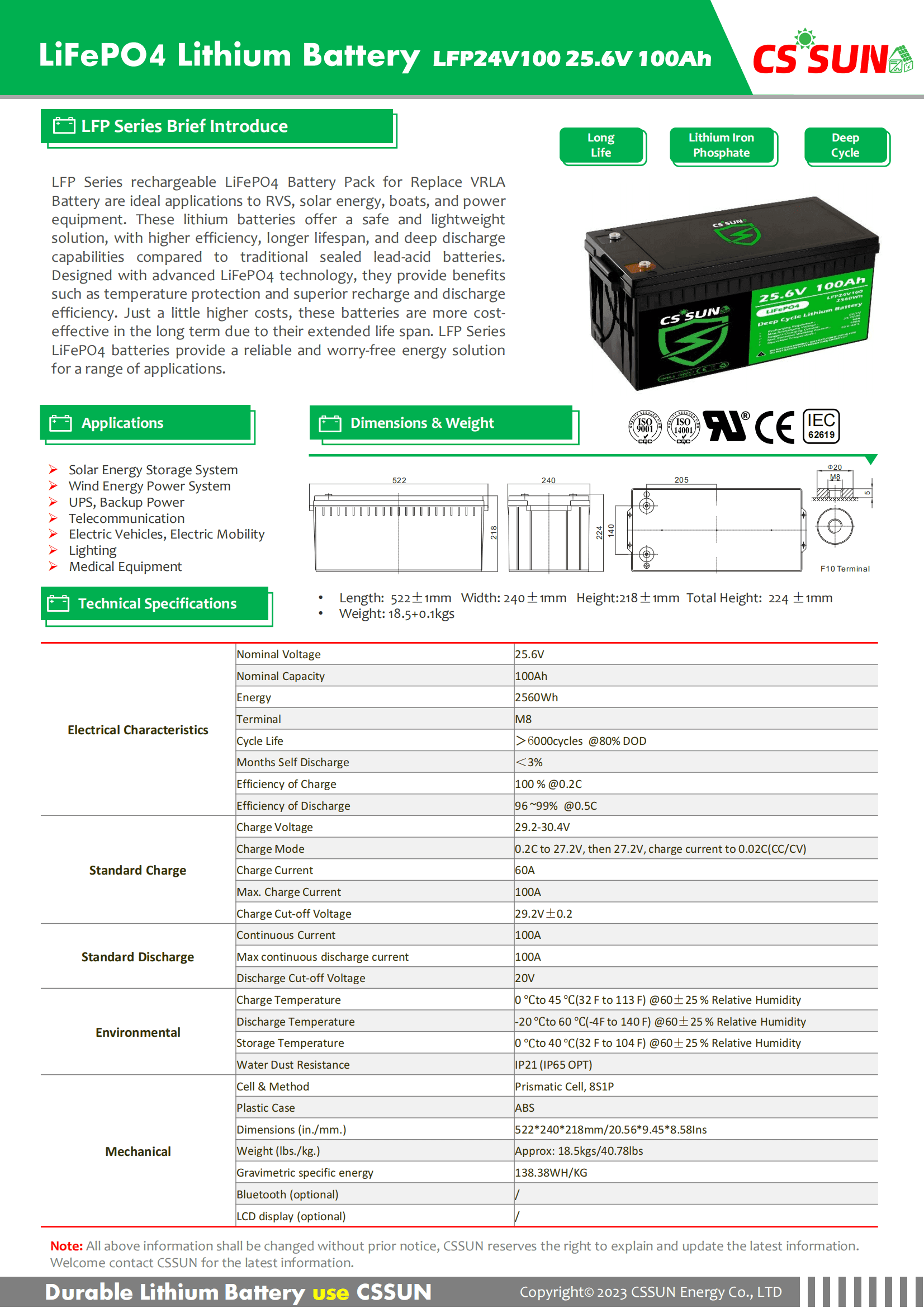 CSSUN LFP24V100 25.6V100Ah LiFePo4 Pack For Replace VRLA Battery