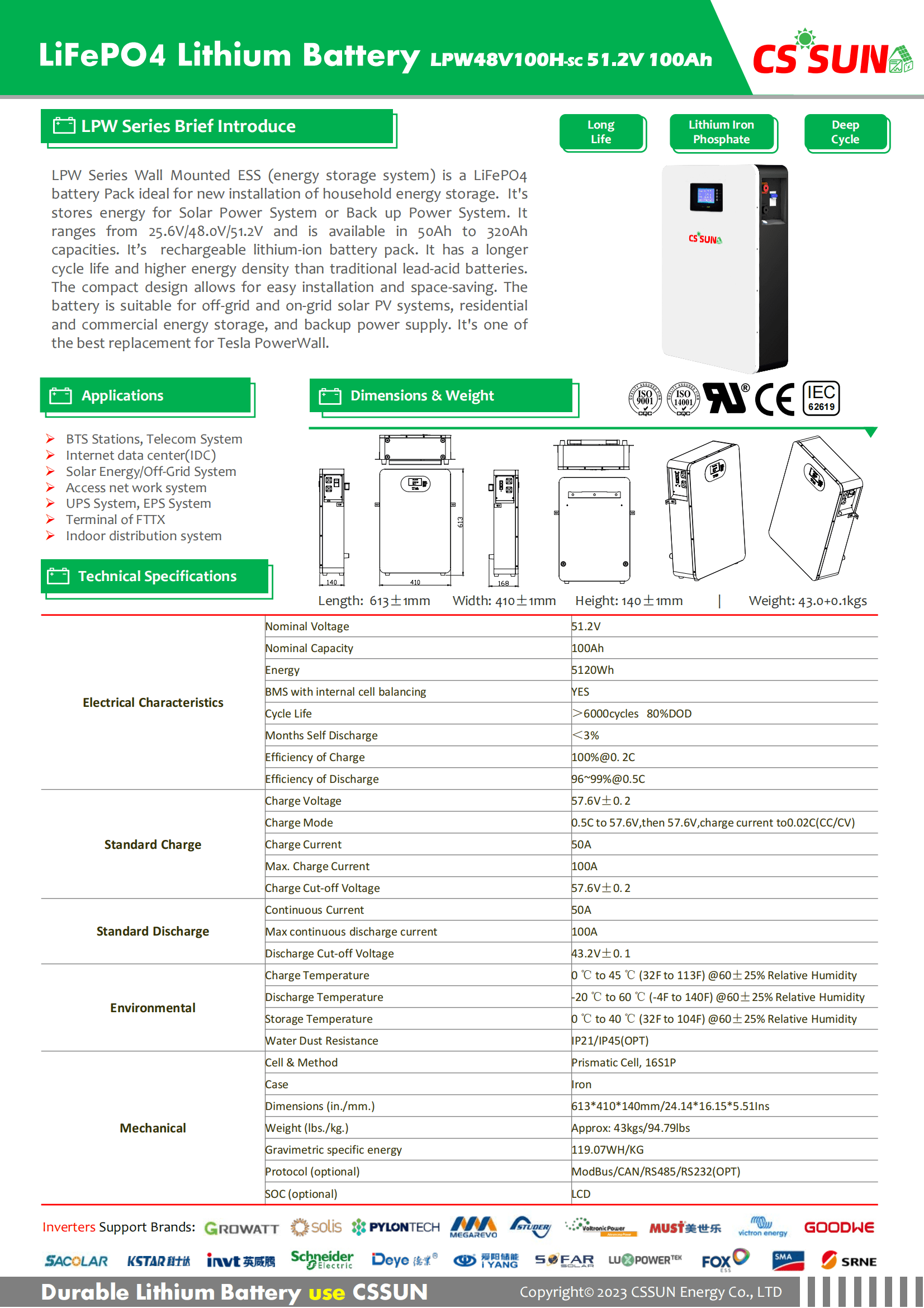 CSSUN LPW48V100H 51.2V100Ah Power Wall LifePO4 Battery SC