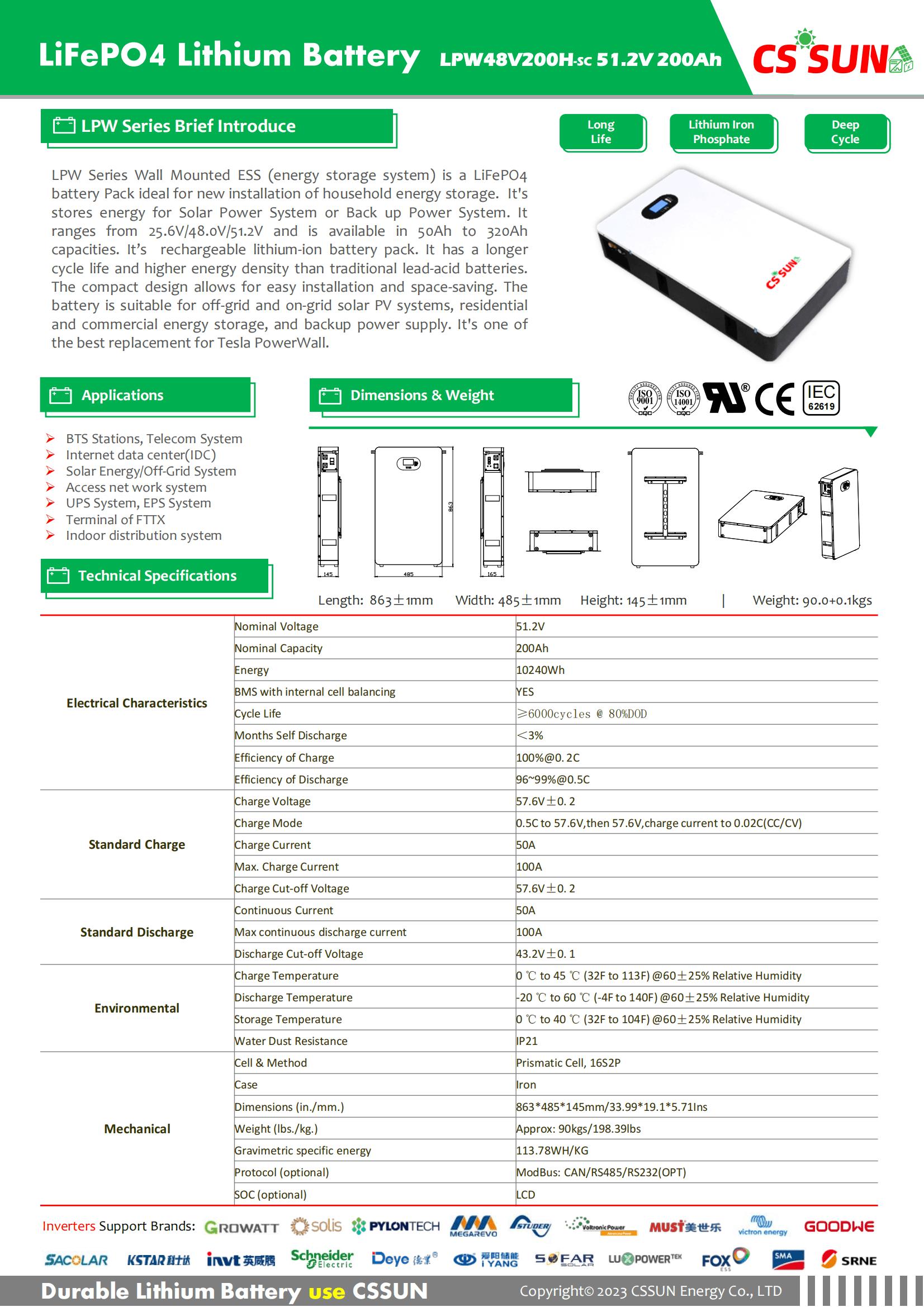 CSSUN LPW48V200H 51.2V200Ah Power Wall LifePO4 Battery SC