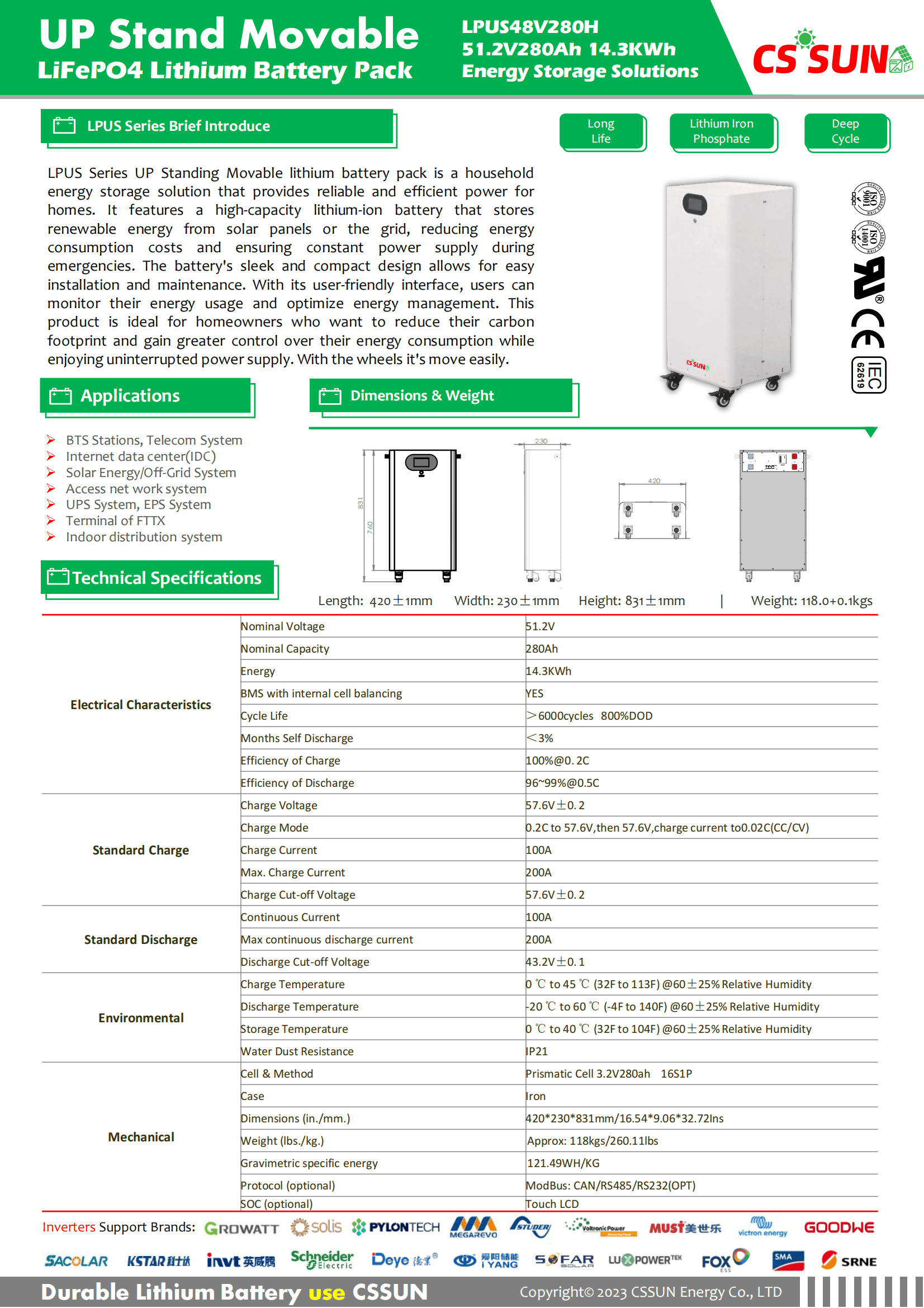 CSSUN LPUS48V280h 51.2V280Ah UP Stand LiFePo4 Battery