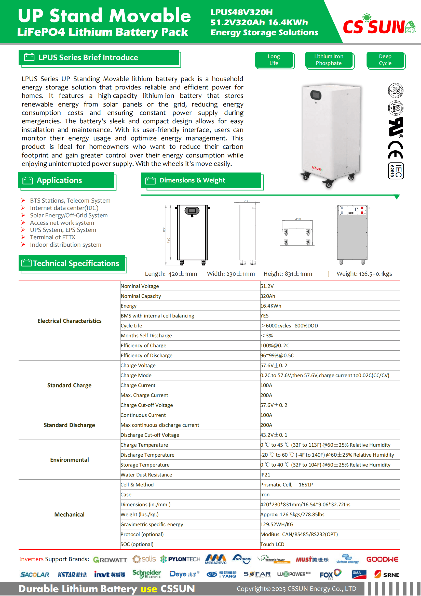 CSSUN LPUS48V320H 51.2V320Ah UP Stand LiFePo4 Battery