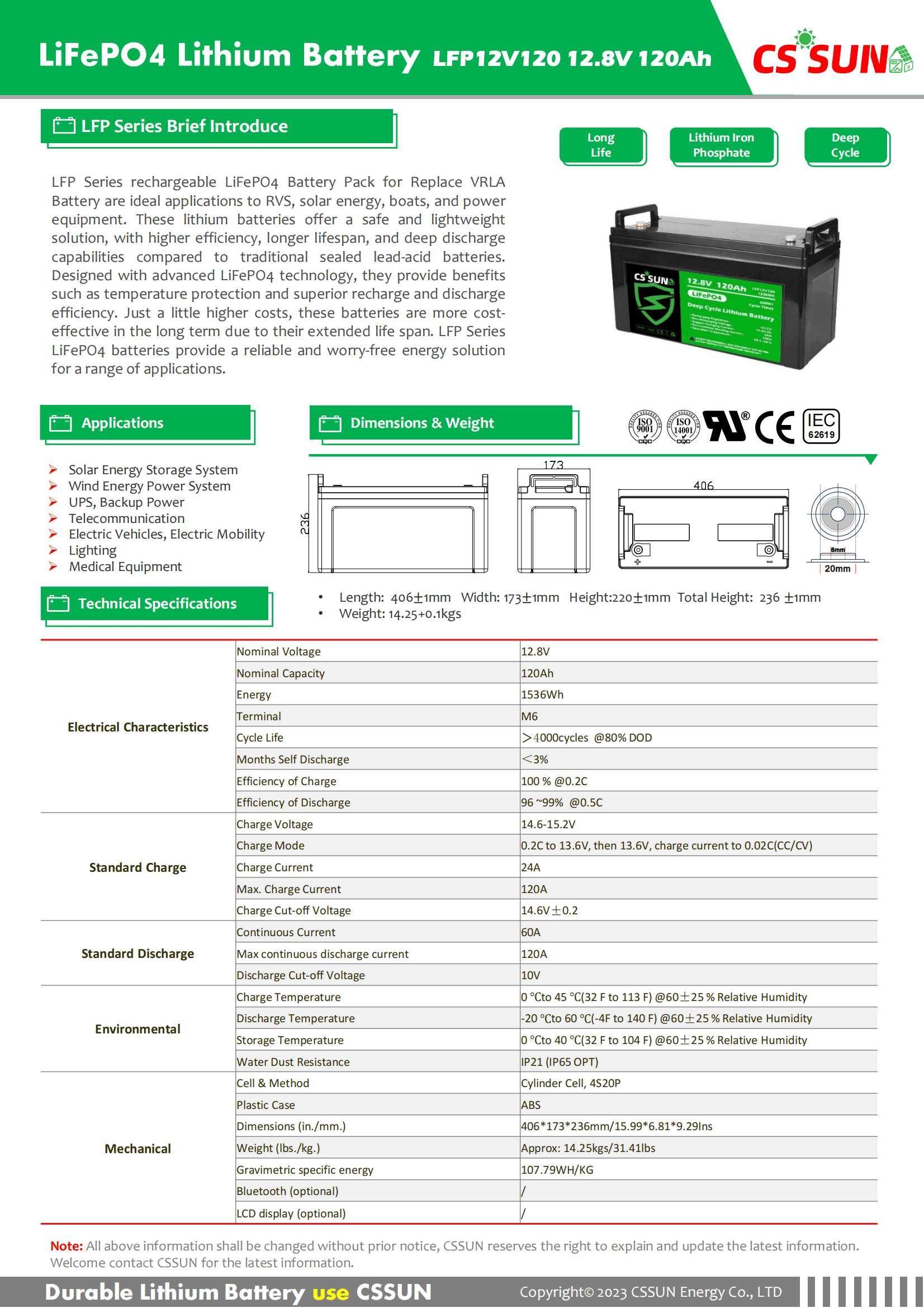 CSSUN LFP12V120 12.8V120Ah LiFePo4 Pack For Replace VRLA Battery Cylinder Cell