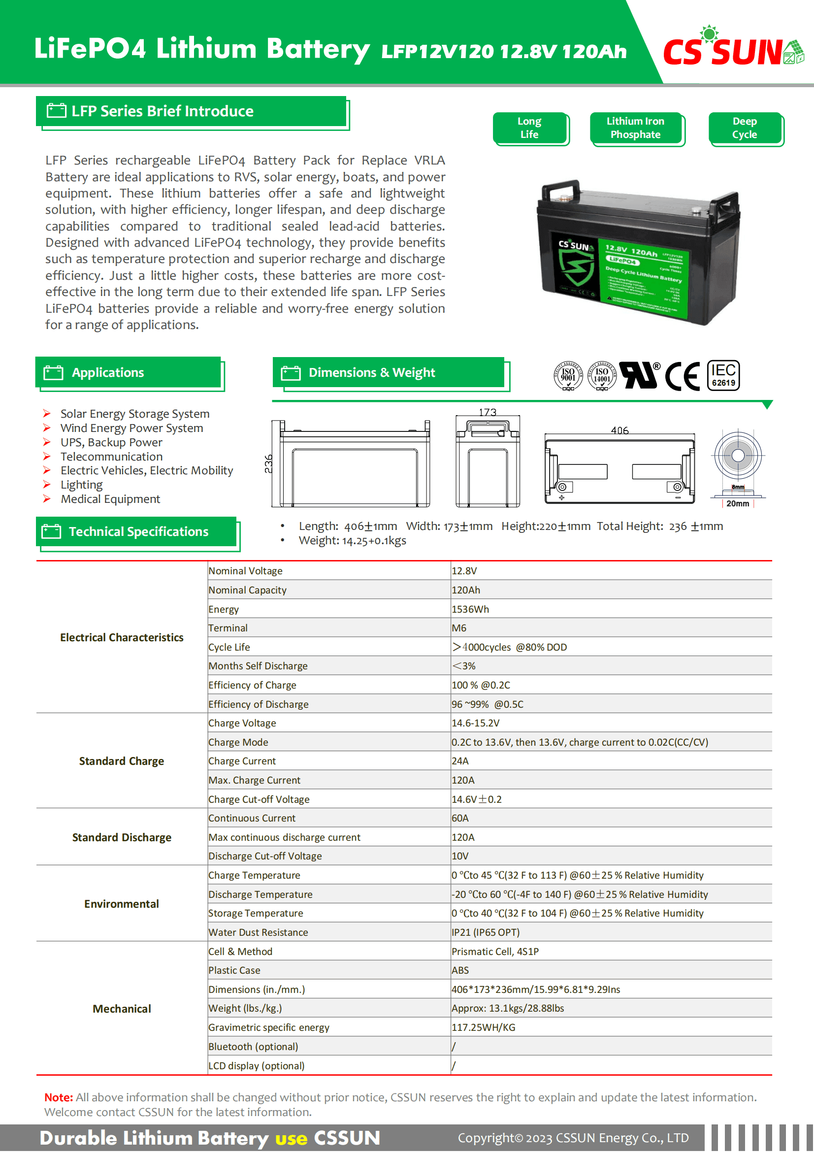 CSSUN LFP12V120 12.8V120Ah LiFePo4 Pack For Replace VRLA Battery Prismatic Cell