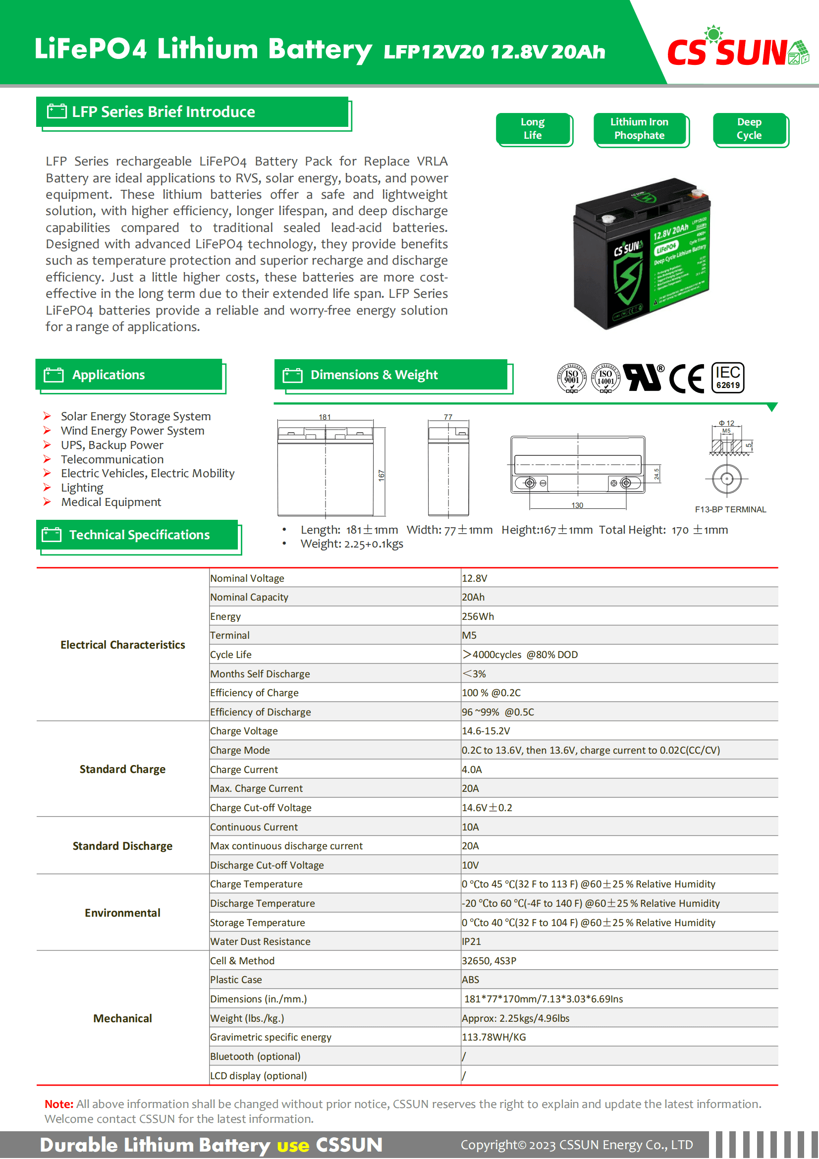 CSSUN LFP12V20 12.8V20Ah LiFePo4 Pack For Replace VRLA Battery