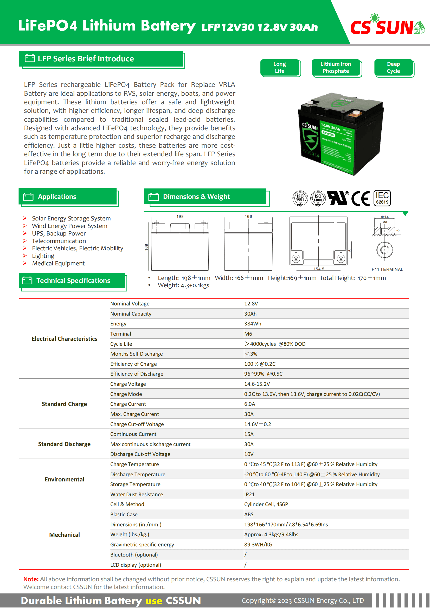 CSSUN LFP12V30 12.8V30Ah LiFePo4 Pack For Replace VRLA Battery