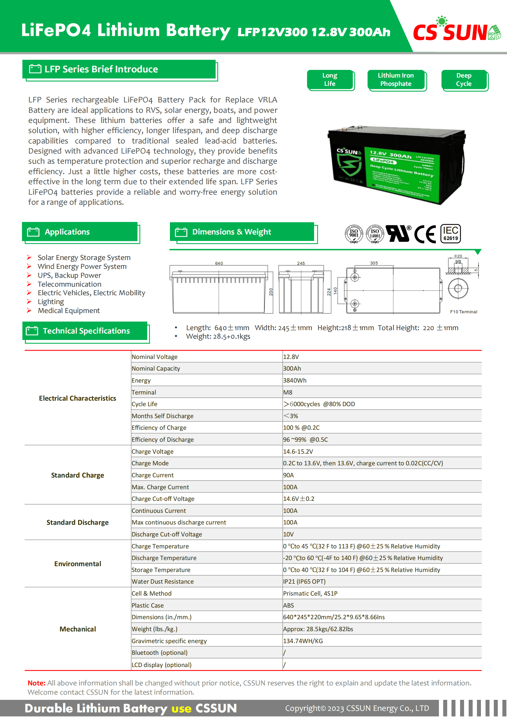 CSSUN LFP12V300 12.8V300Ah LiFePo4 Pack For Replace VRLA Battery