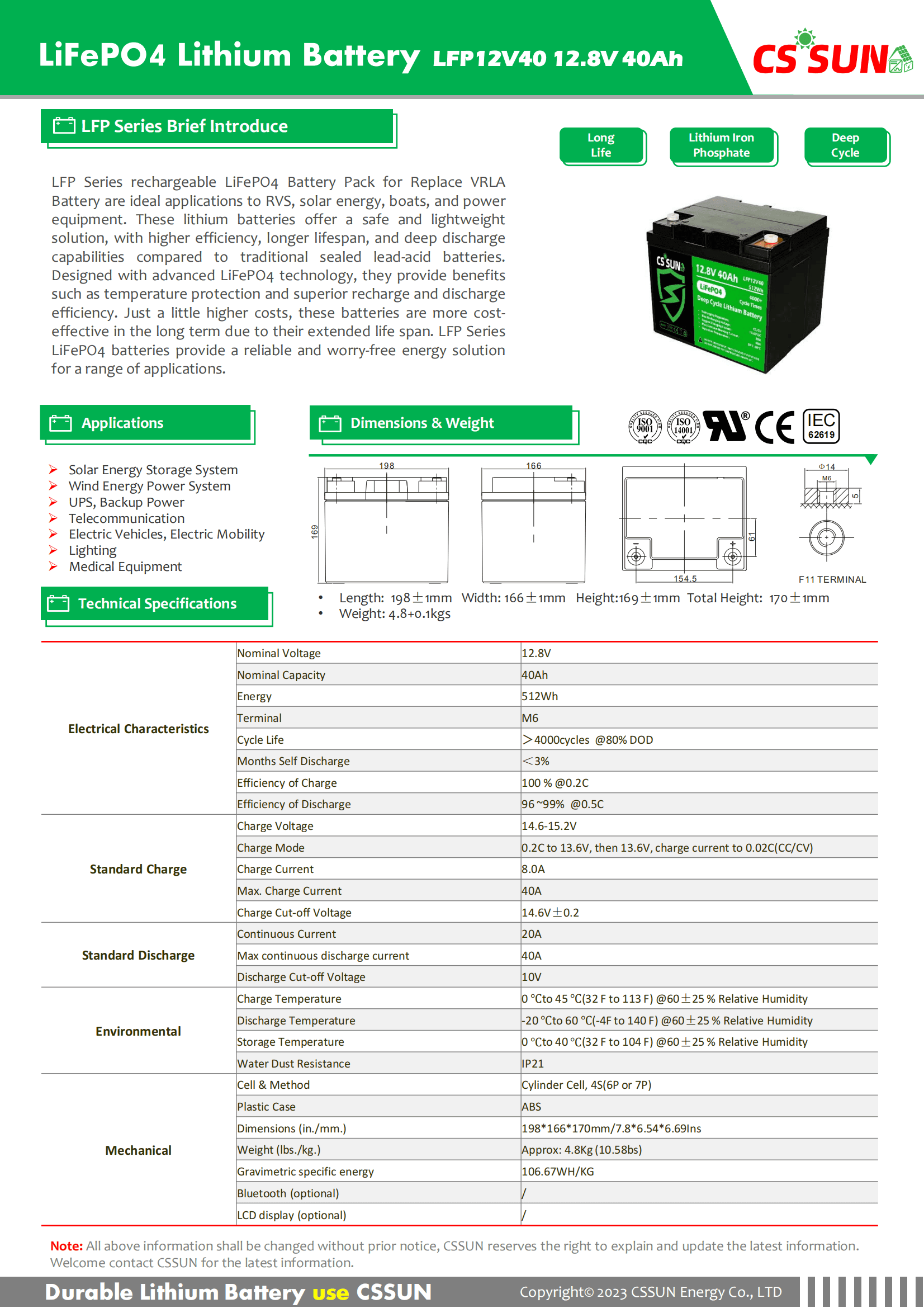 CSSUN LFP12V40 12.8V40Ah LiFePo4 Pack For Replace VRLA Battery