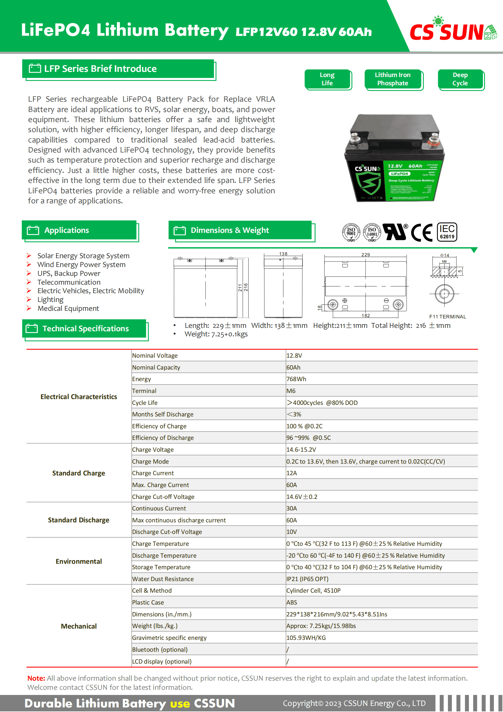 CSSUN LFP12V60 12.8V60Ah LiFePo4 Pack For Replace VRLA Battery