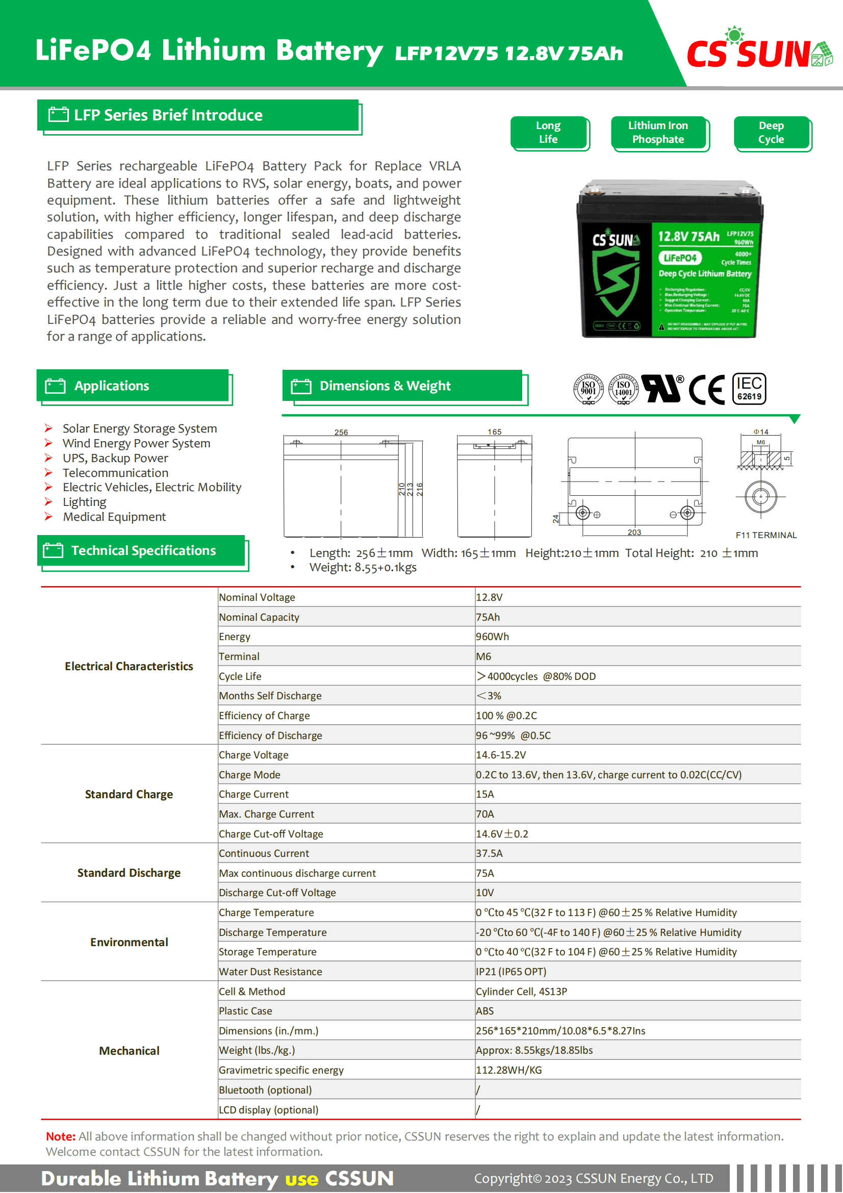 CSSUN LFP12V75 12.8V75Ah LiFePo4 Pack For Replace VRLA Battery