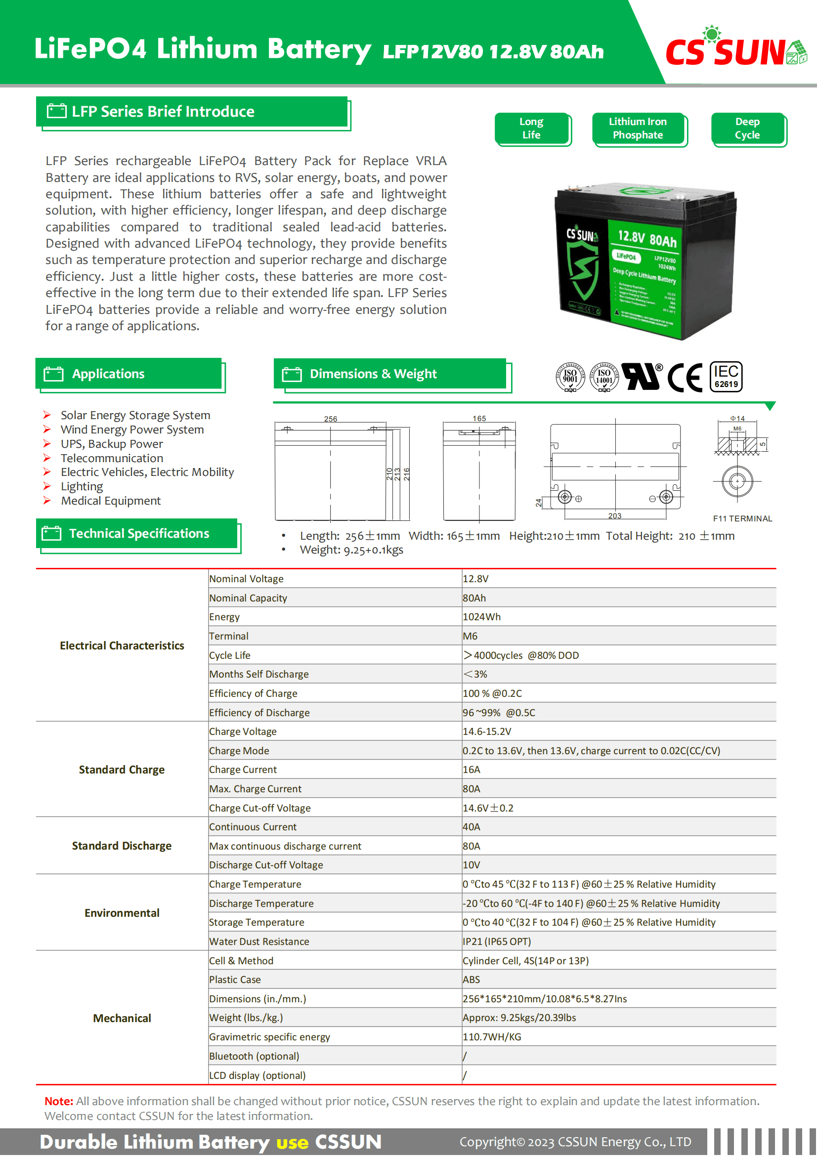 CSSUN LFP12V80 12.8V80Ah LiFePo4 Pack For Replace VRLA Battery