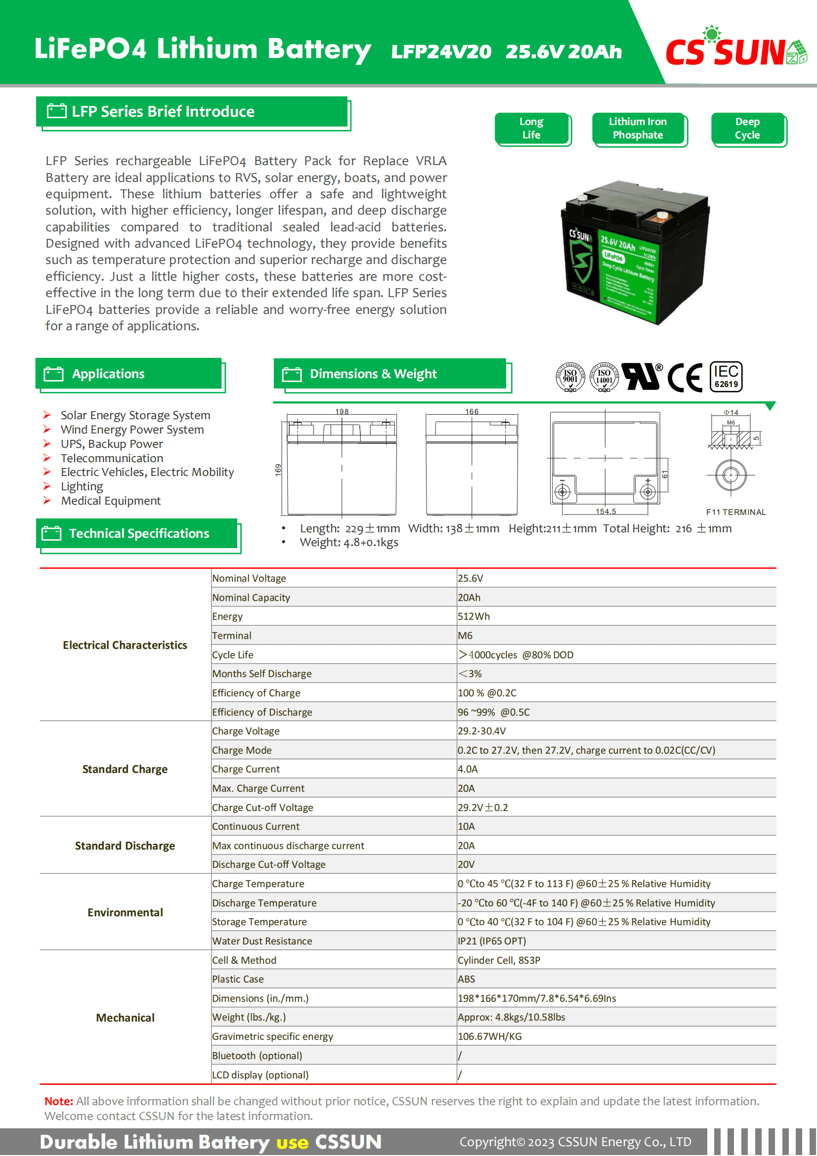 CSSUN LFP24V20 25.6V20Ah LiFePo4 Pack For Replace VRLA Battery
