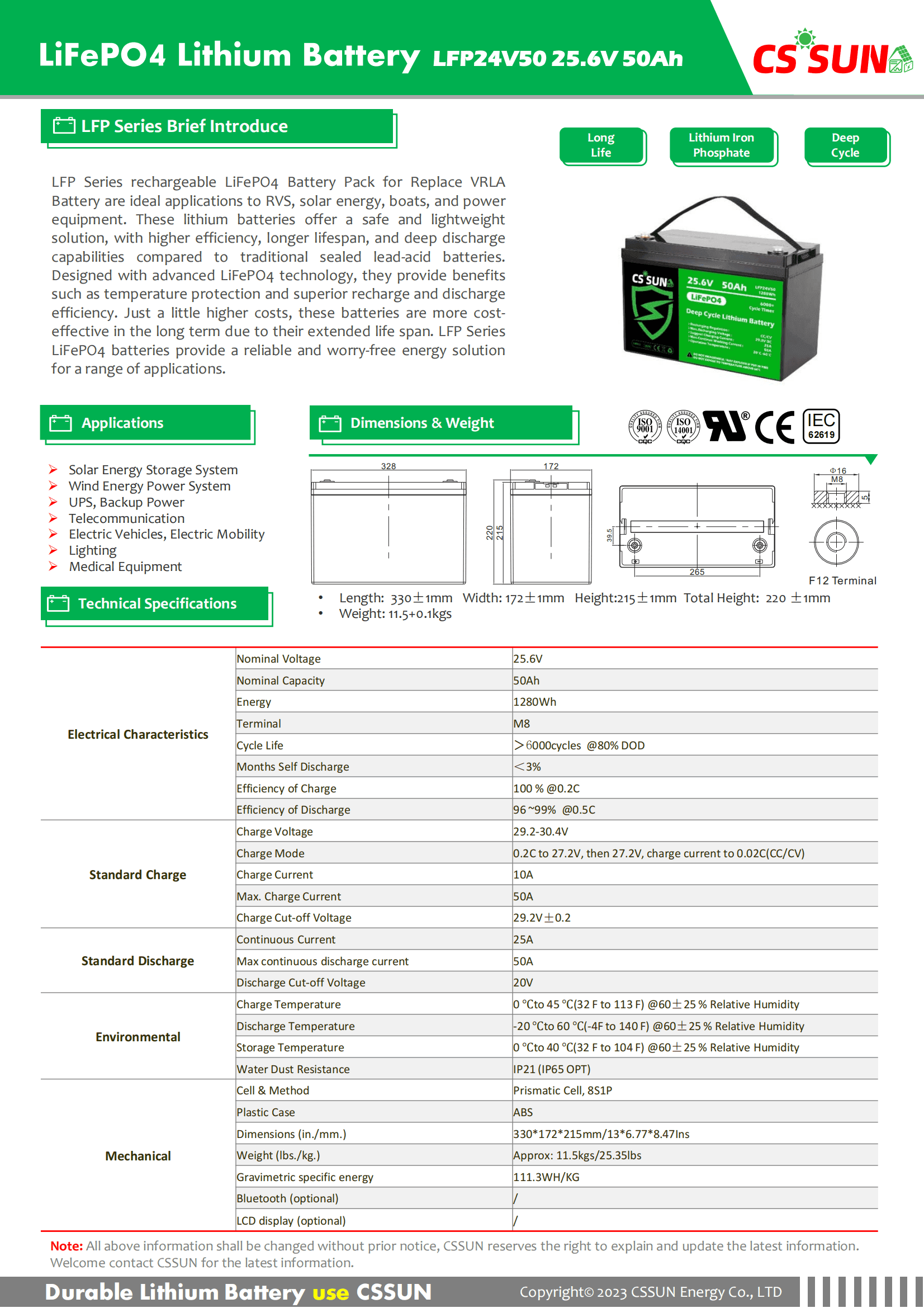 CSSUN LFP24V50 25.6V50Ah LiFePo4 Pack For Replace VRLA Battery