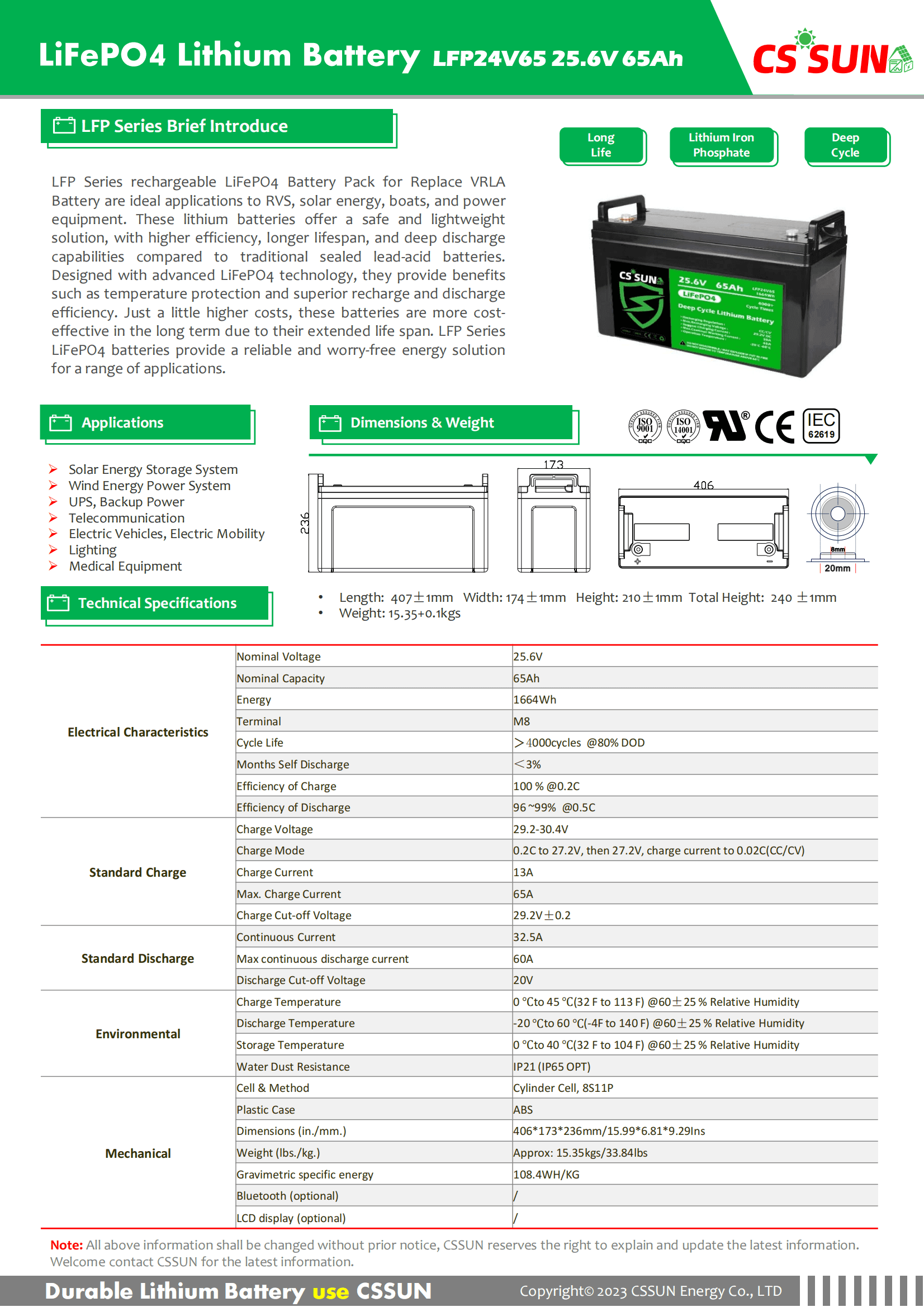 CSSUN LFP24V65 25.6V65Ah LiFePo4 Pack For Replace VRLA Battery