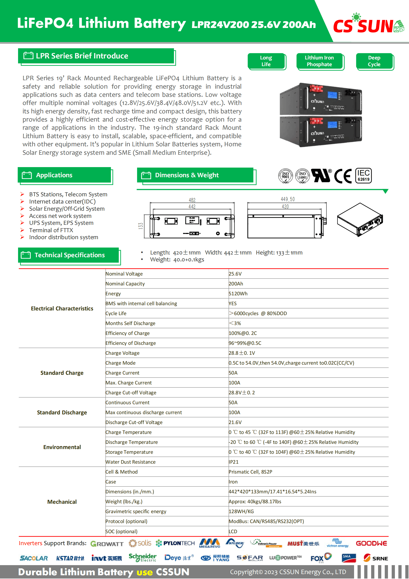 CSSUN LPR24V200 25.6V200Ah LiFePO4 Battery for 19' Rack