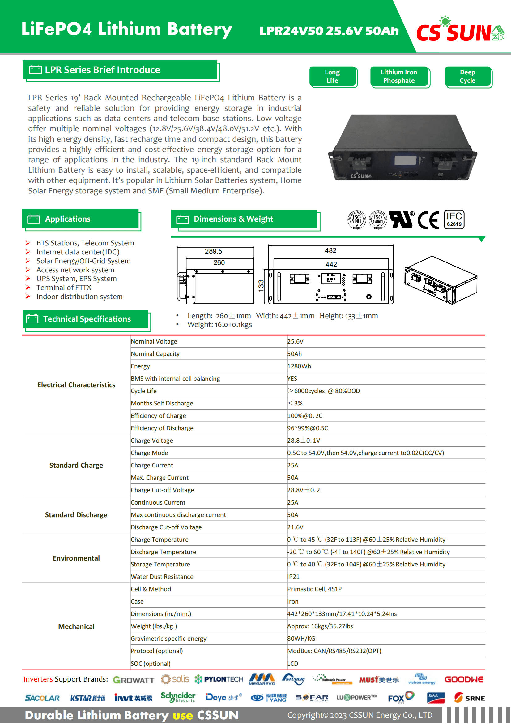 CSSUN LPR24V50 25.6V50Ah LiFePo4 Battery for 19' Rack