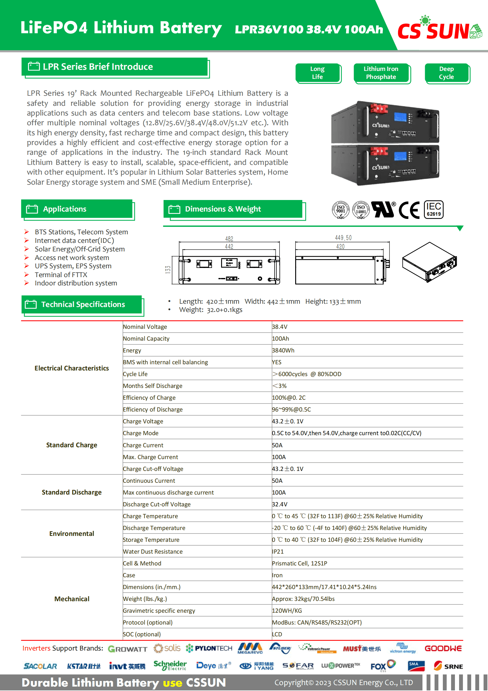 CSSUN LPR36V100 38.4V100Ah LiFePO4 Battery for 19' Rack