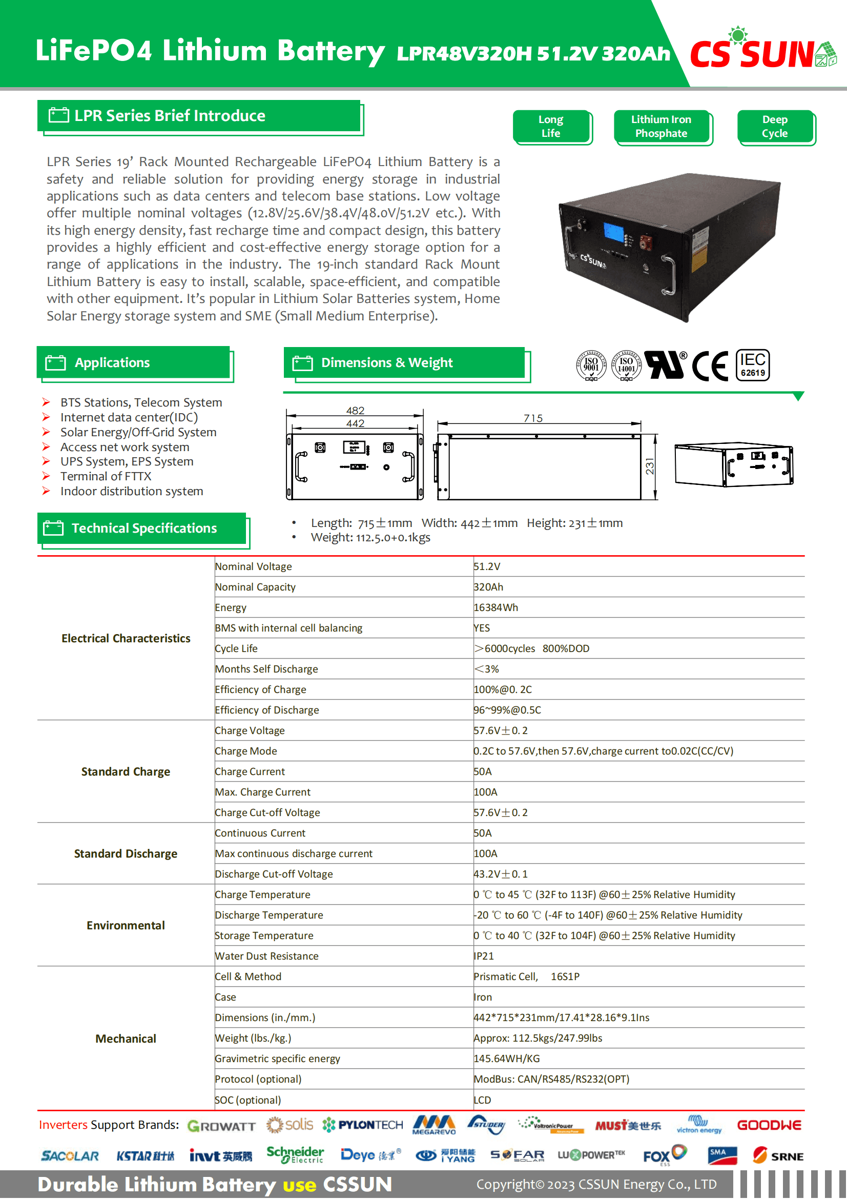 CSSUN LPR48V320H 51.2V320Ah LiFePO4 Battery for 19' Rack