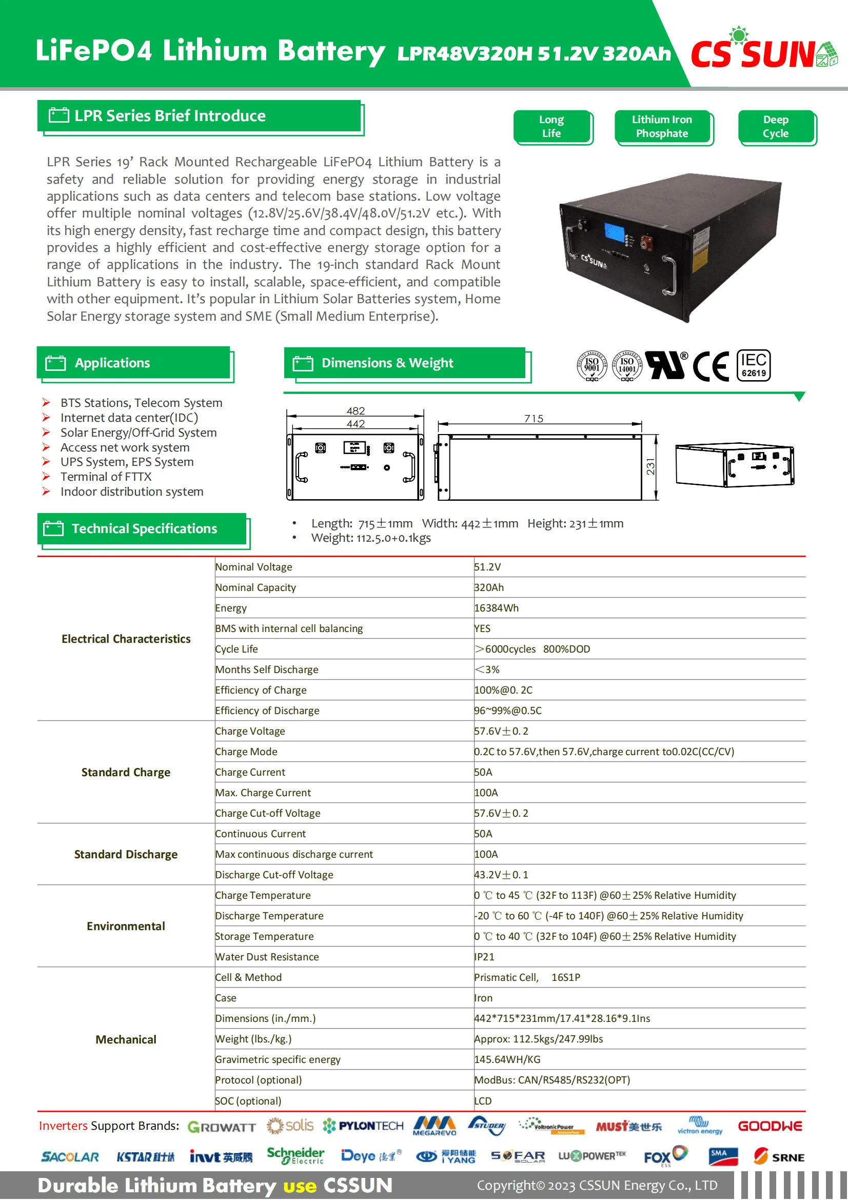 CSSUN LPR48V320H 51.2V320Ah LiFePO4 Battery for 19' Rack