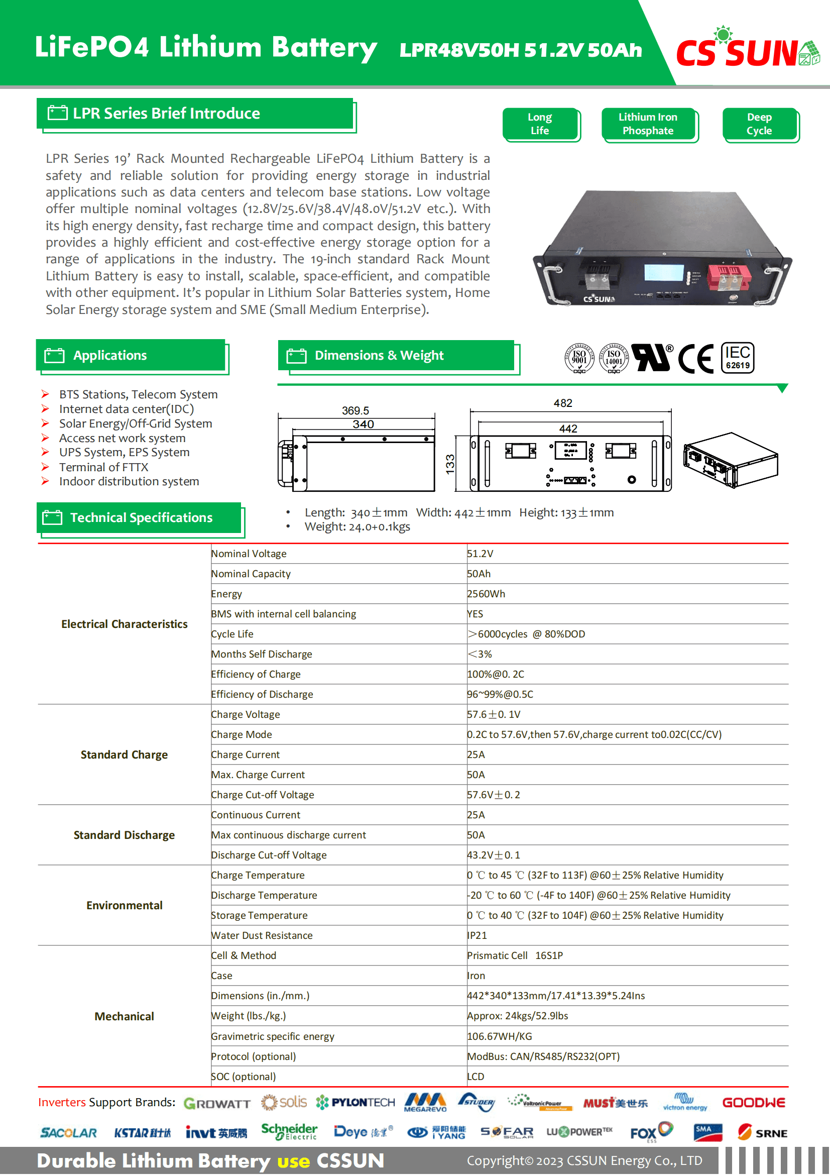 CSSUN LPR48V50H 51.2V50Ah LiFePO4 Battery for 19' Rack