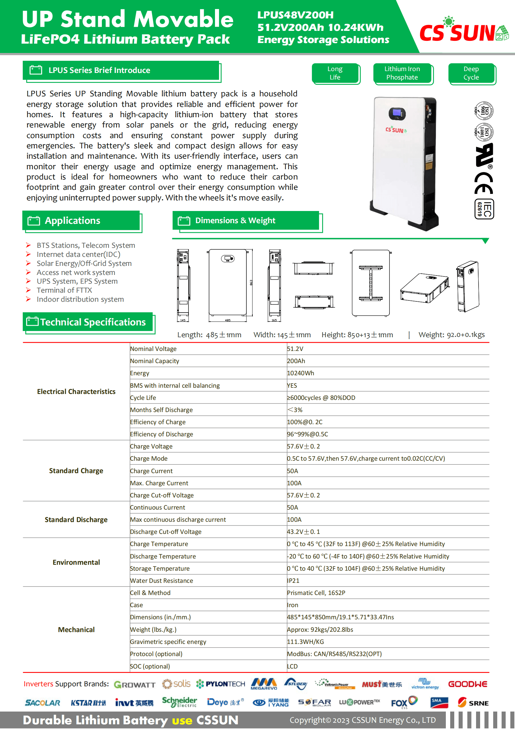 CSSUN LPUS48V200H 51.2V200Ah UP Stand LiFePo4 Battery