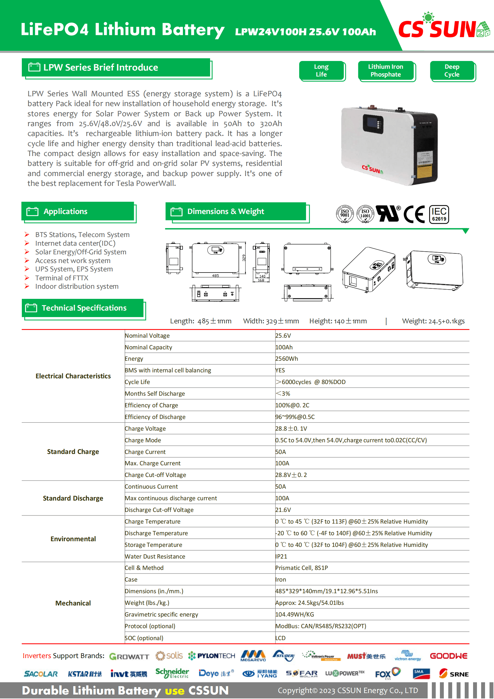 CSSUN LPW24V100H 25.6V100Ah Power Wall LifePO4 Battery