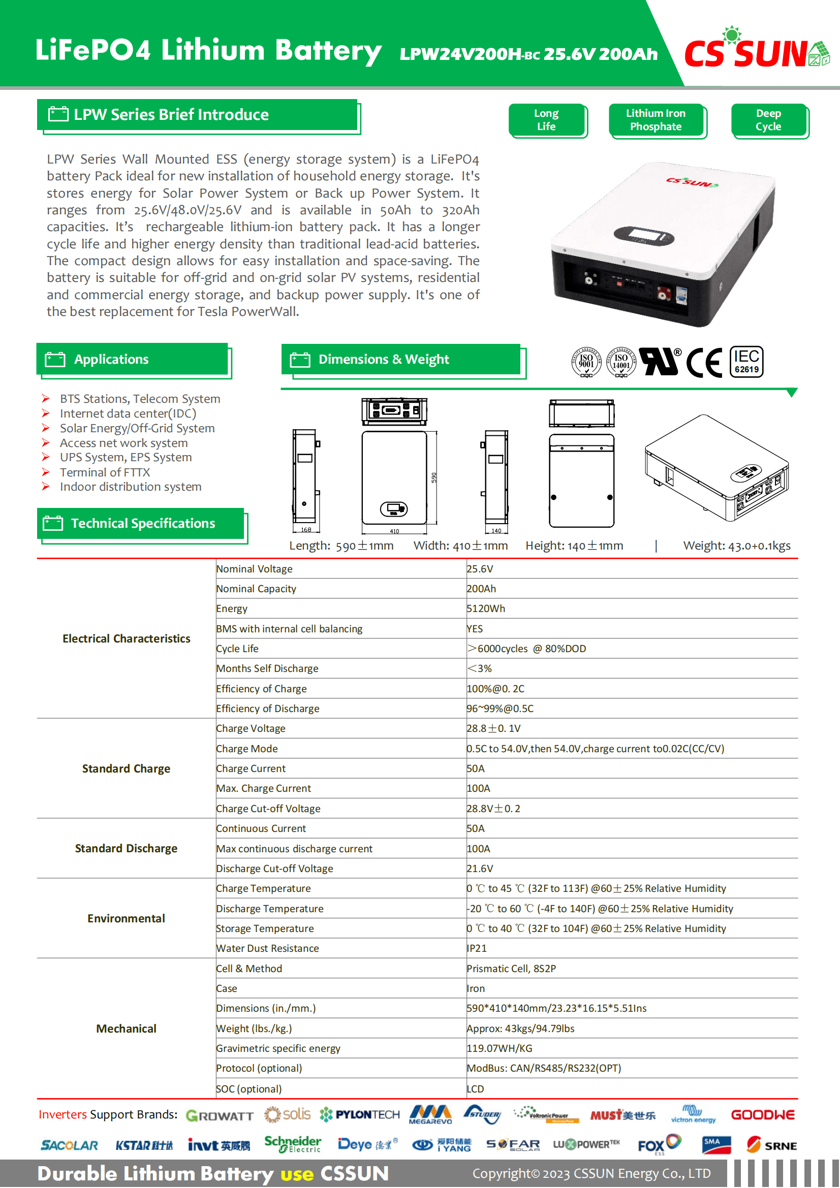 CSSUN LPW24V200H 25.6V200Ah Power Wall LifePO4 Battery BC