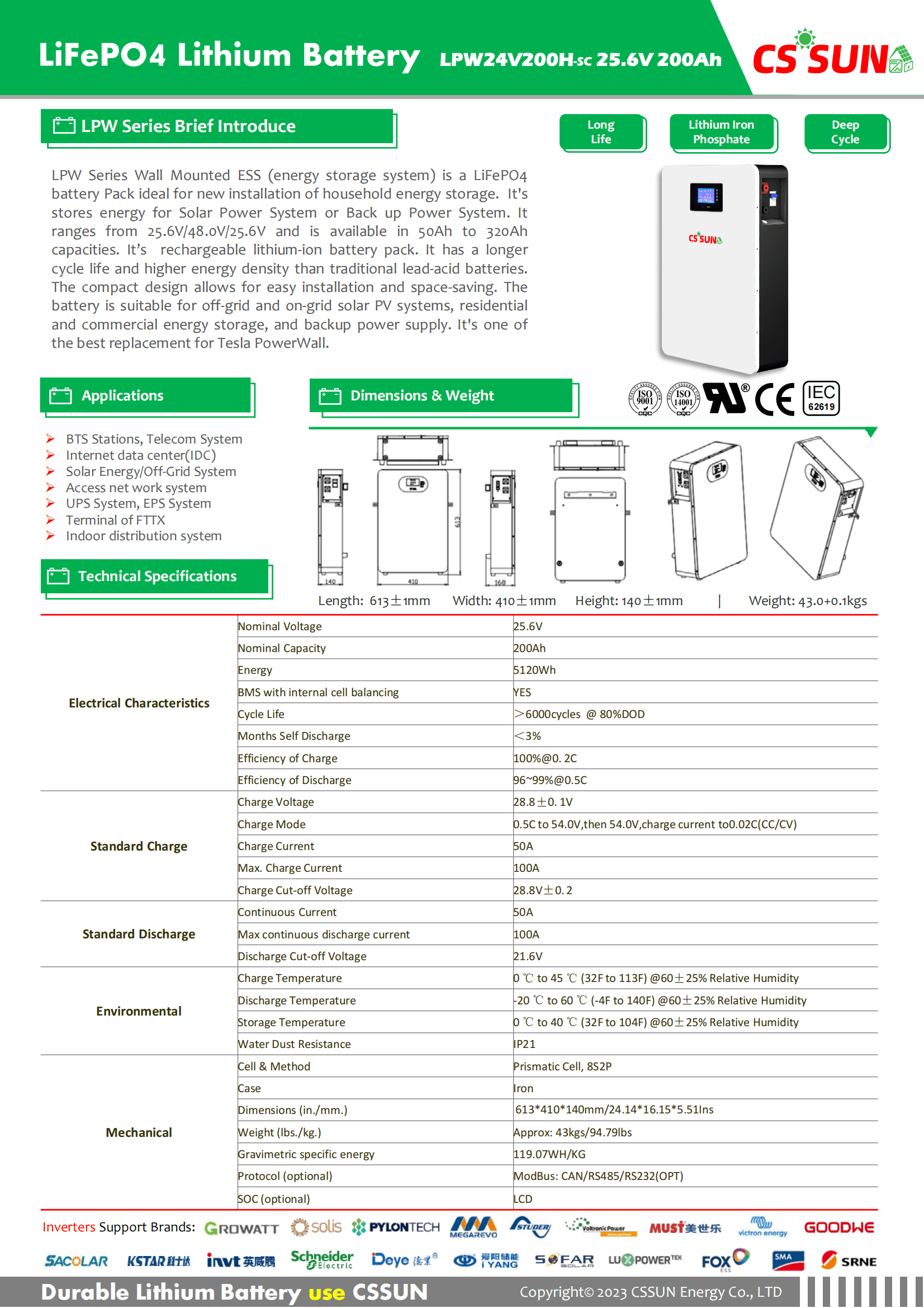 CSSUN LPW24V200H 25.6V200Ah Power Wall LifePO4 Battery SC