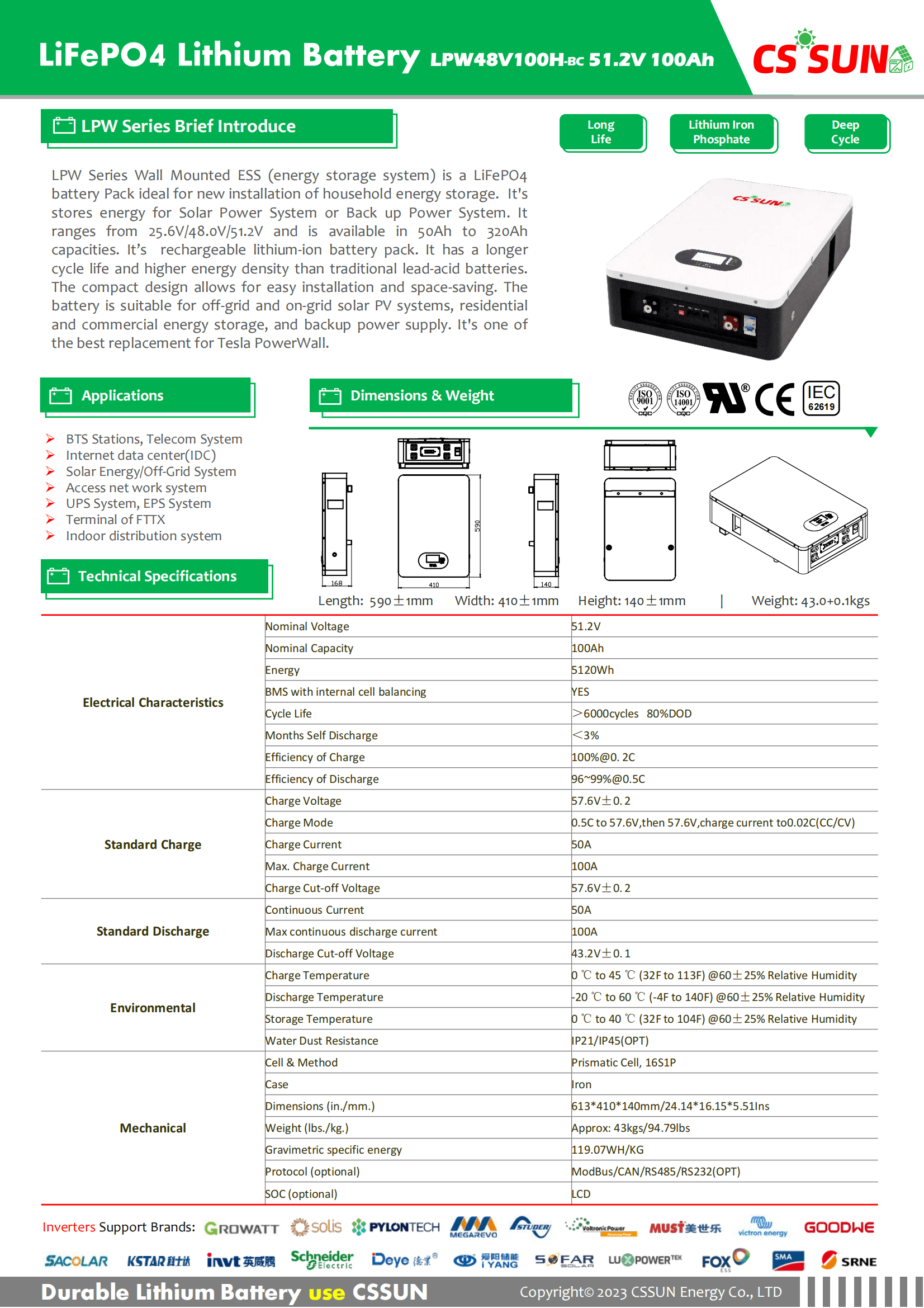 CSSUN LPW48V100H 51.2V100Ah Power Wall LifePO4 Battery BC