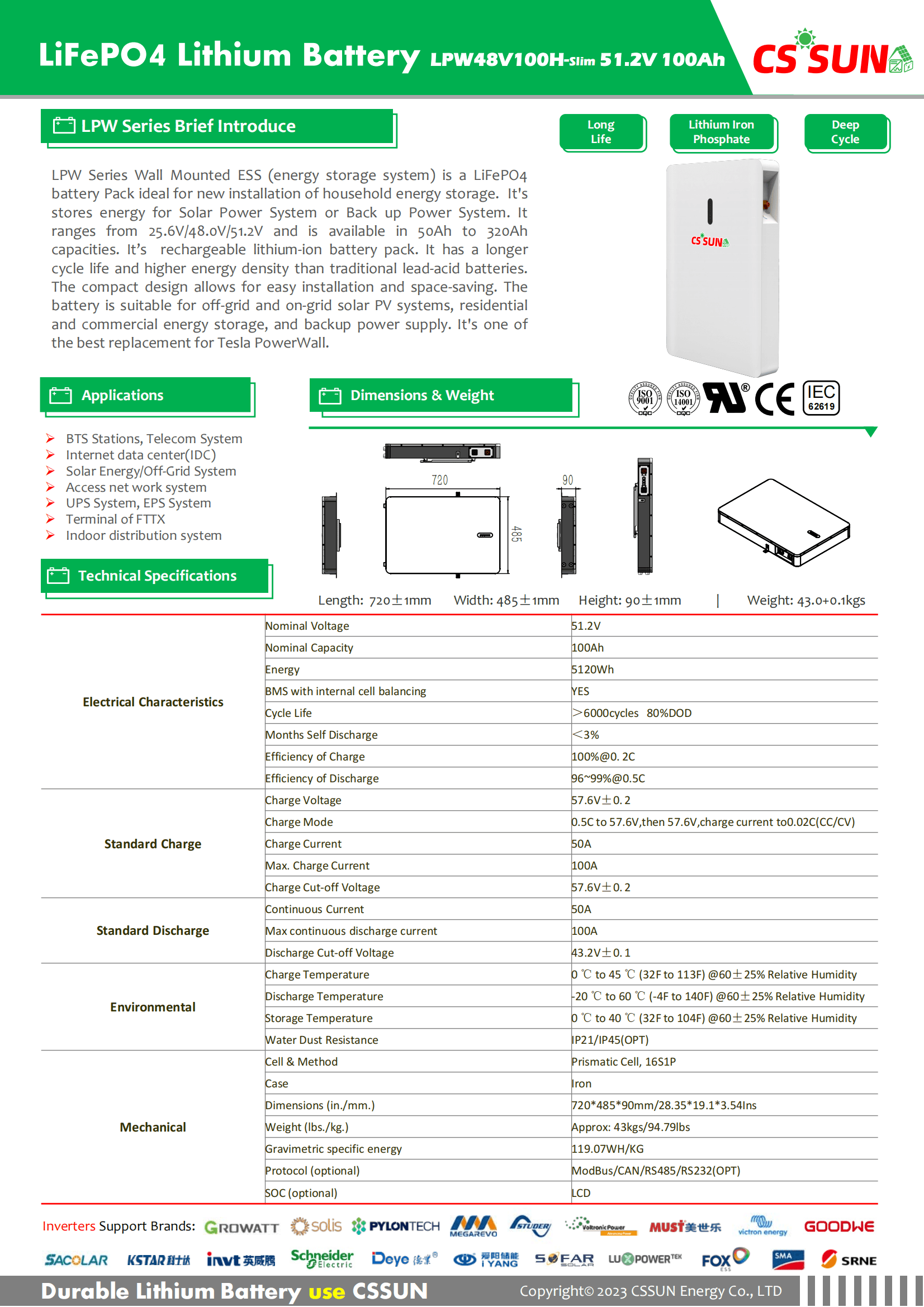 CSSUN LPW48V100H 51.2V100Ah Power Wall LifePO4 Battery Slim