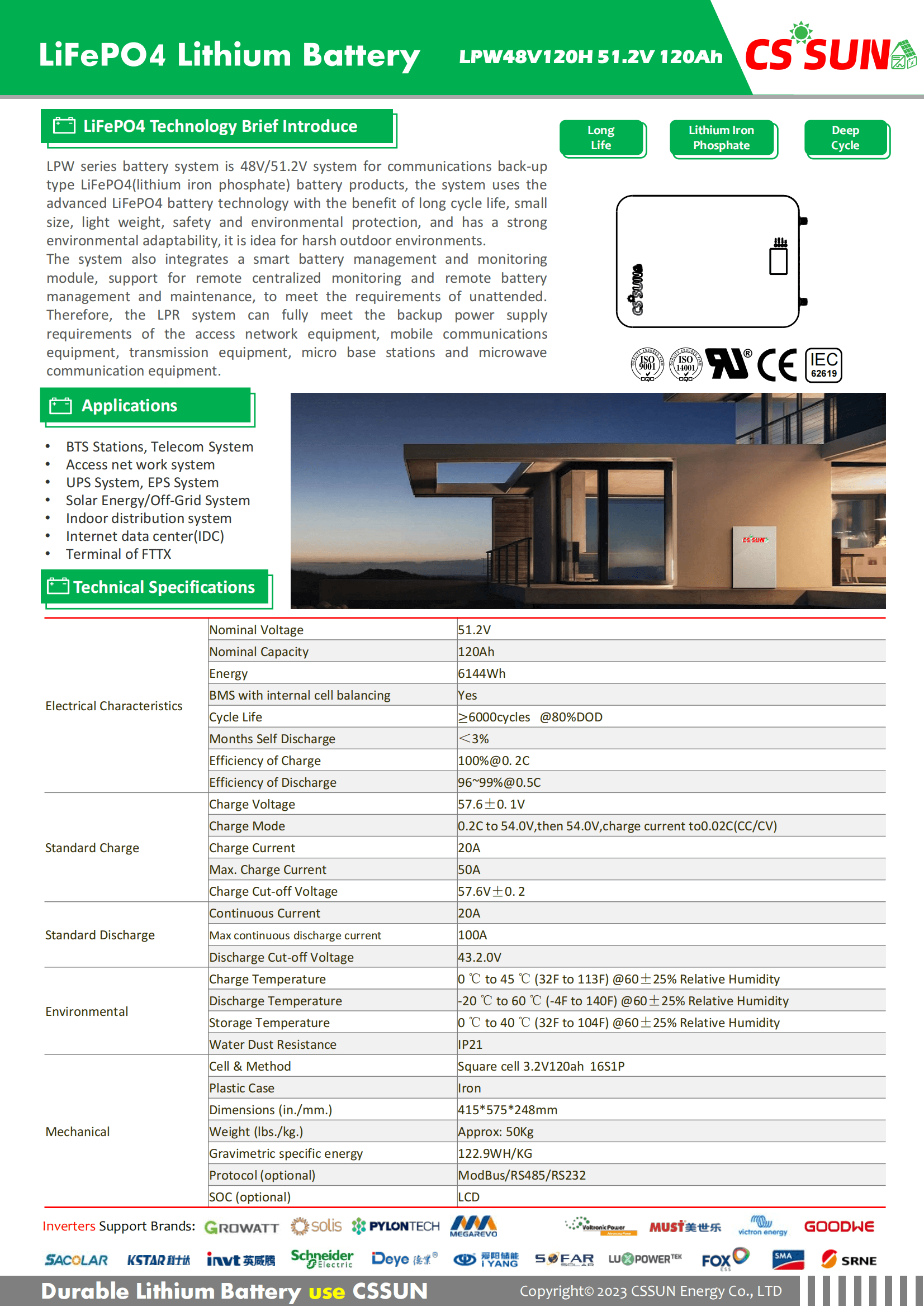 CSSUN LPW48V120H 51.2V120Ah Power Wall LifePO4 Battery