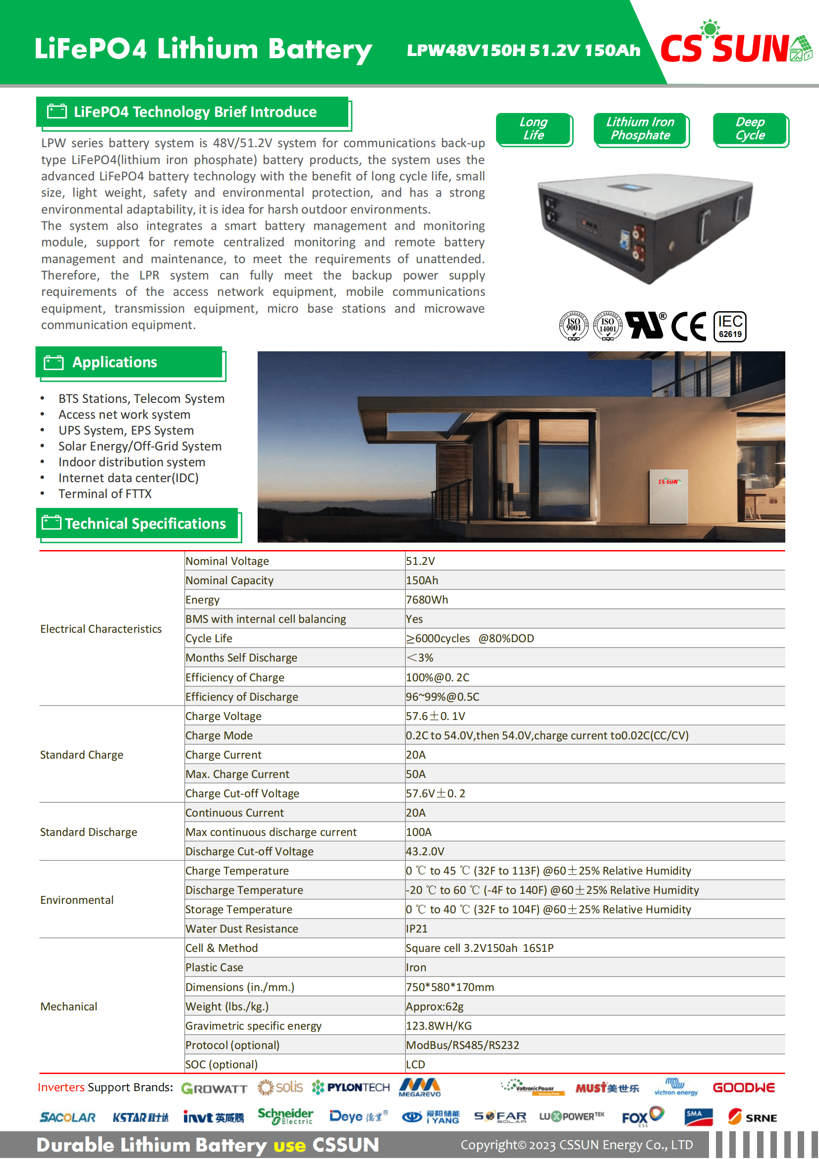 CSSUN LPW48V150H 51.2V150Ah Power Wall LifePO4 Battery