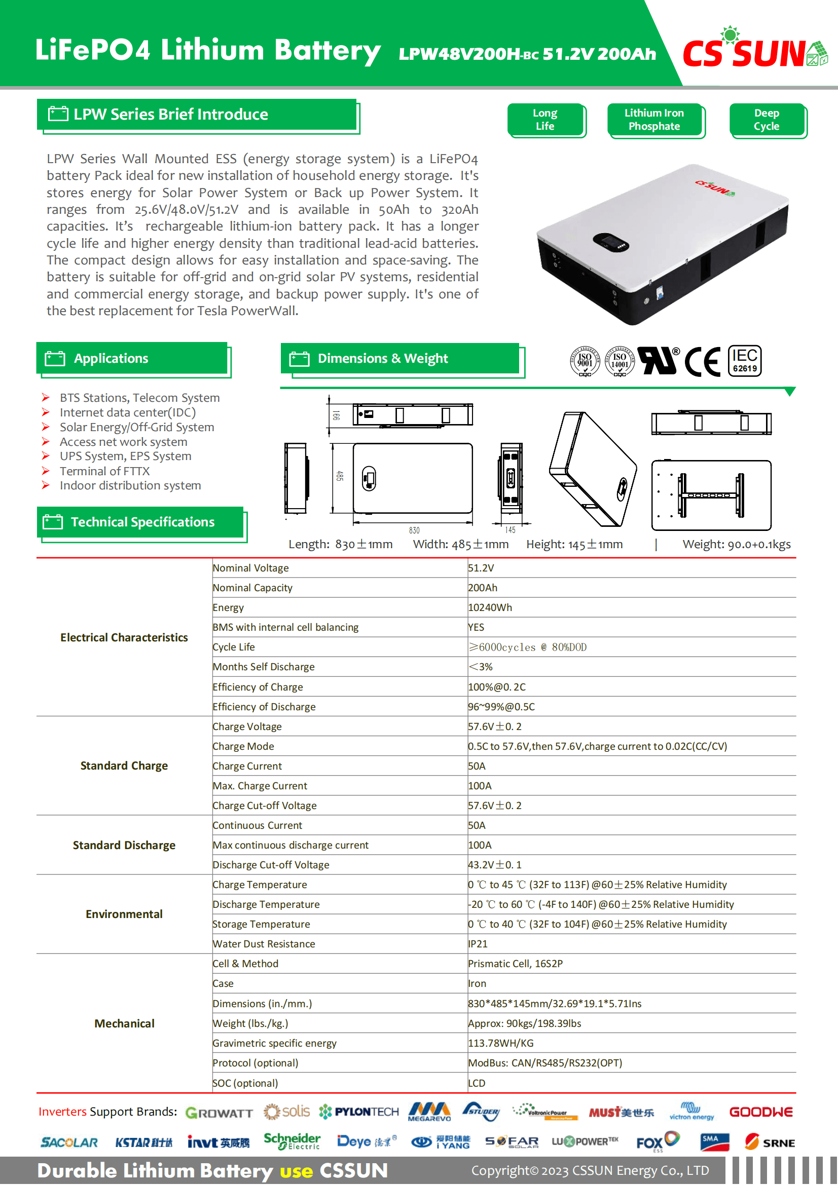 CSSUN LPW48V200H 51.2V200Ah Power Wall LifePO4 Battery BC