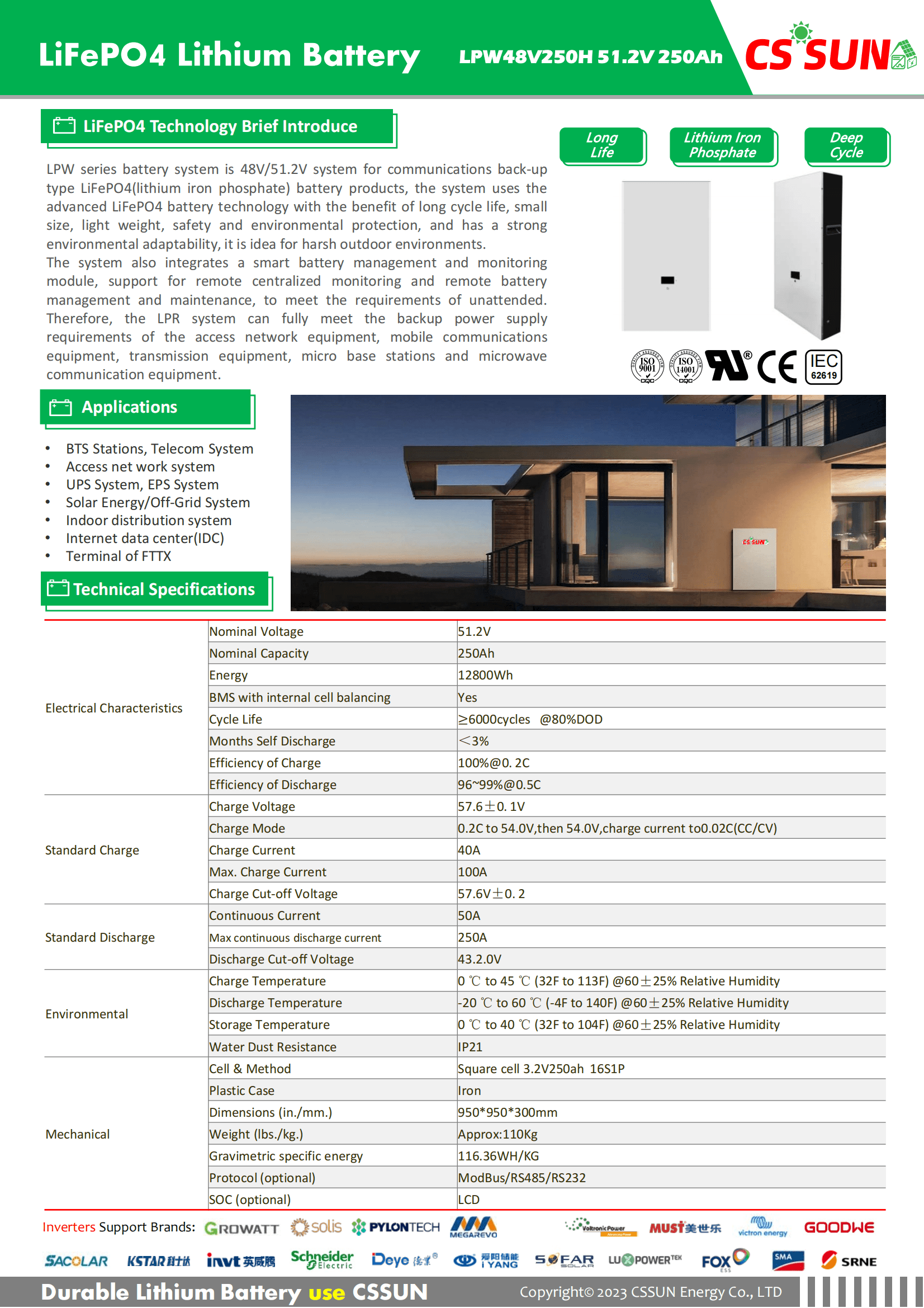 CSSUN LPW48V250H 51.2V250Ah Power Wall LifePO4 Battery