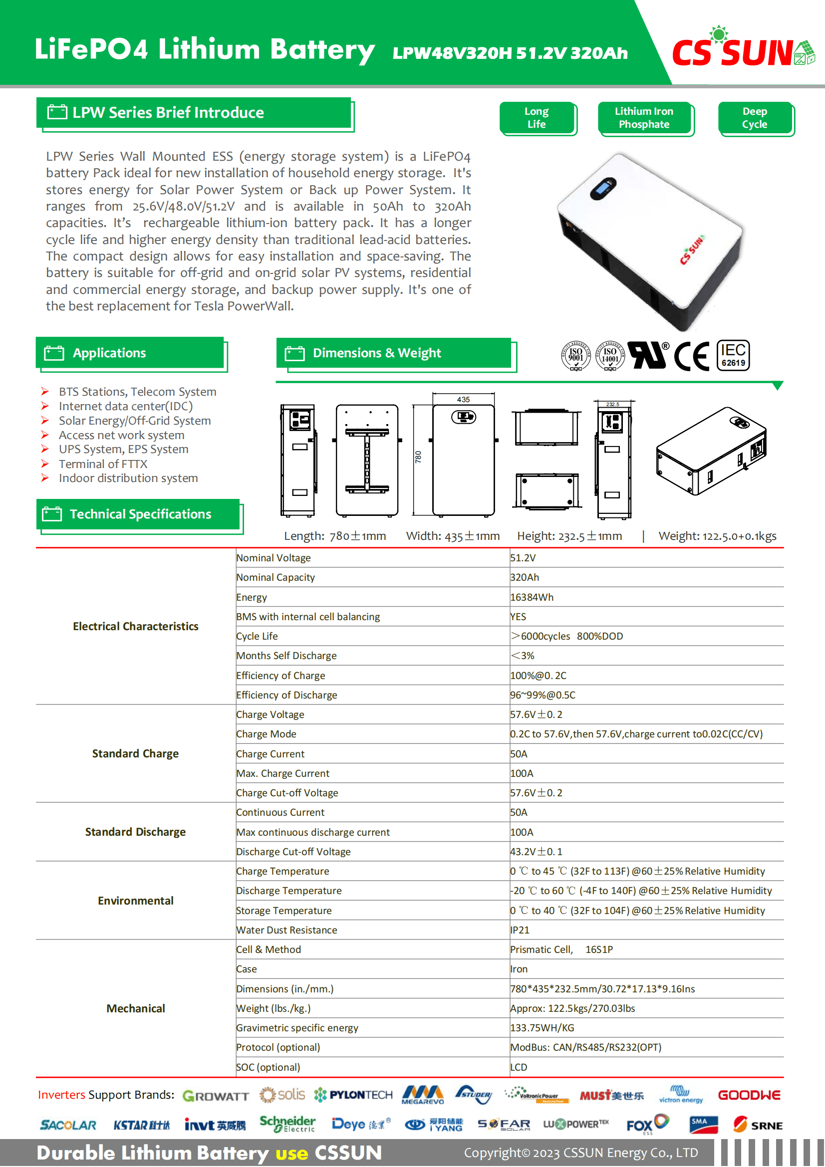 CSSUN LPW48V320H 51.2V320Ah Power Wall LifePO4 Battery
