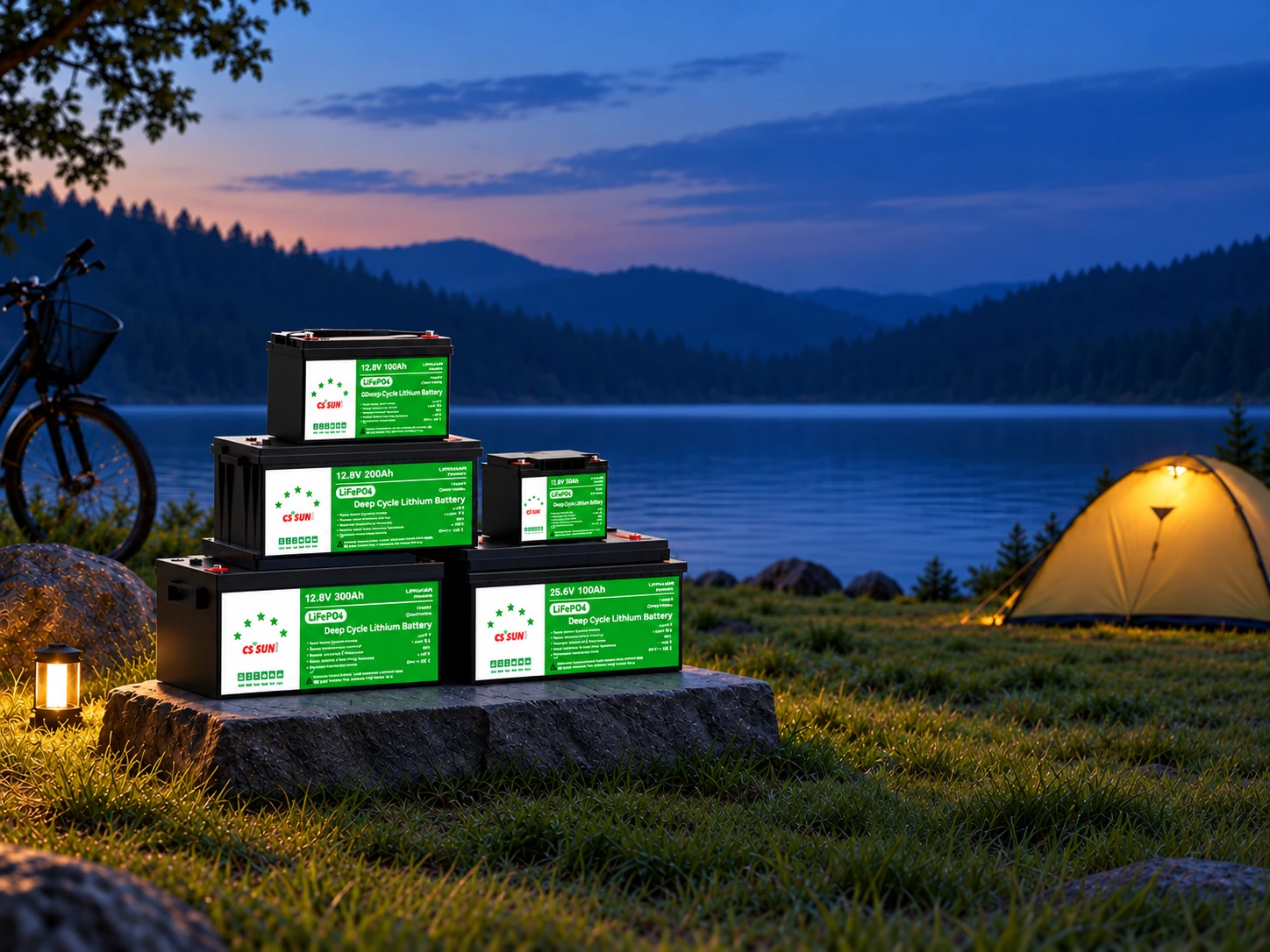 CSSUN LFP batteries beside a lakeside campsite