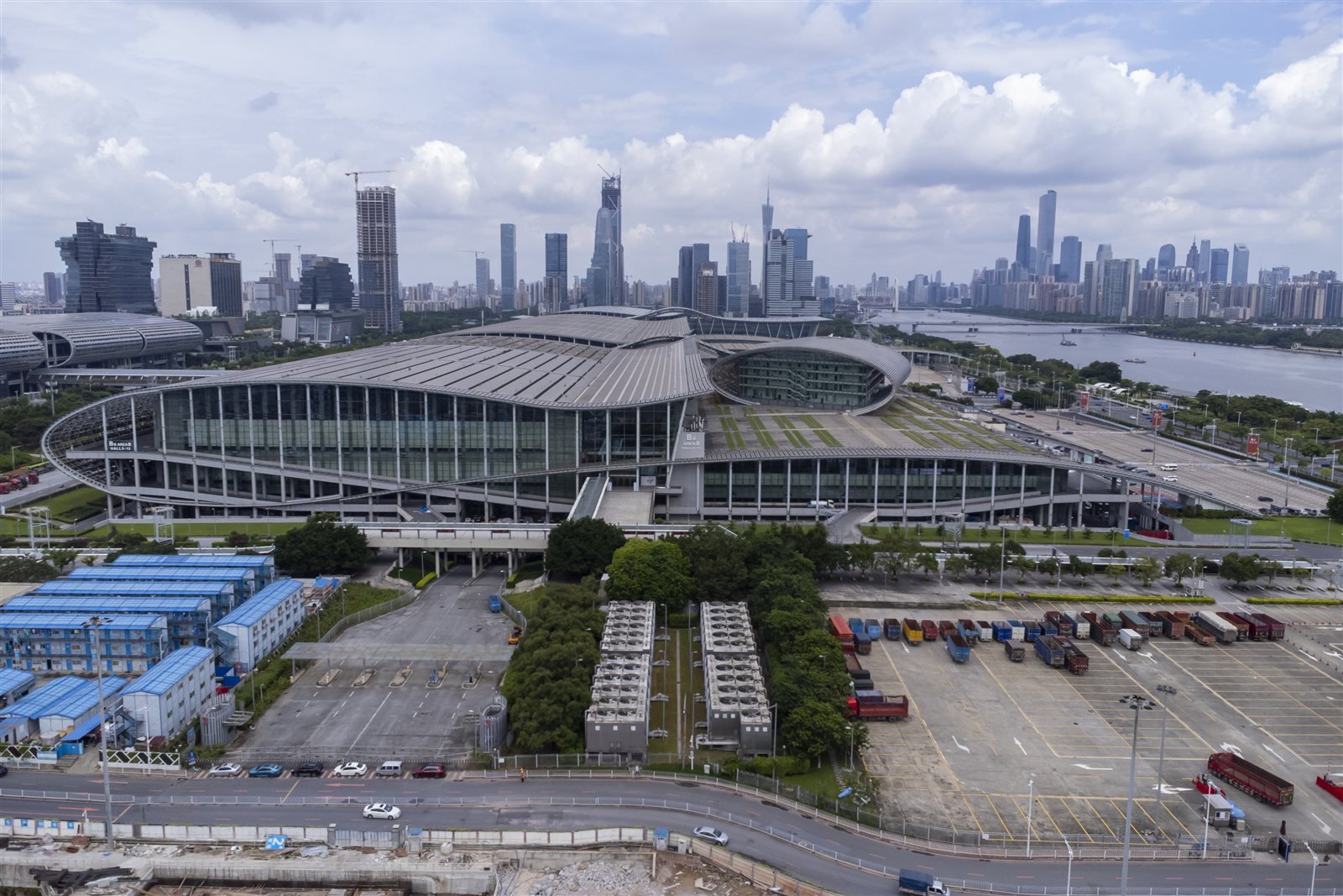 Aerial view of Zone B of the Canton Fair Complex and Guangzhou skyline in July 2023