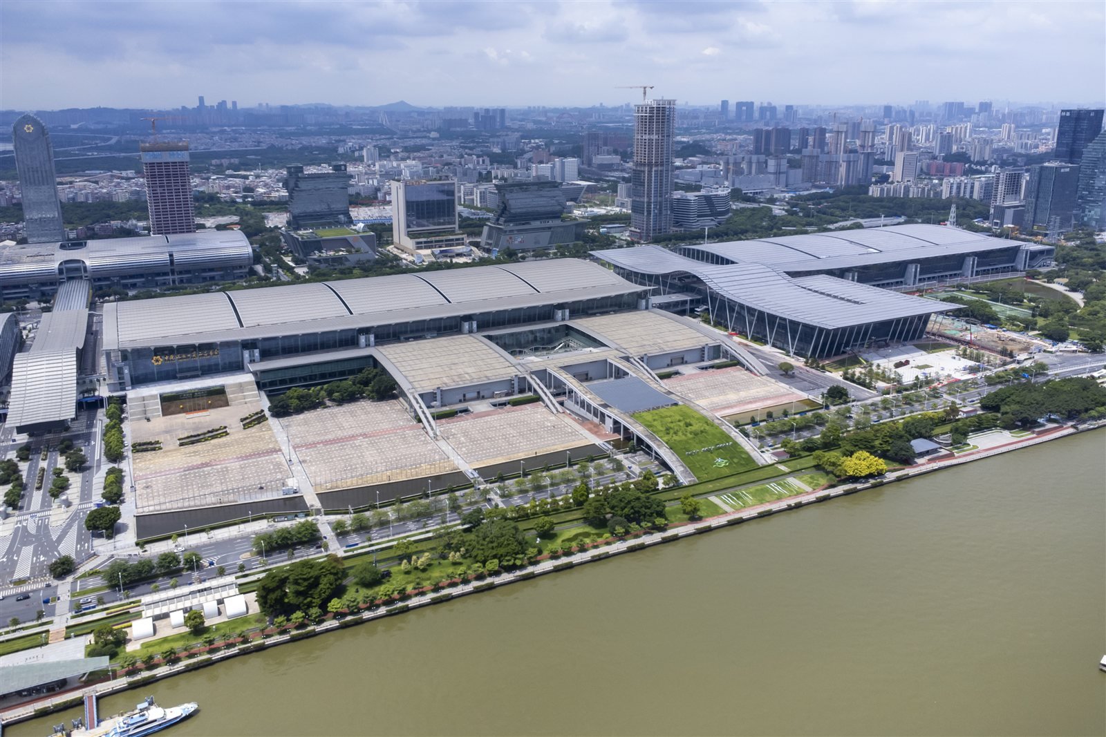Aerial view of Zones A and D of the Canton Fair Complex beside the Pearl River in July 2023